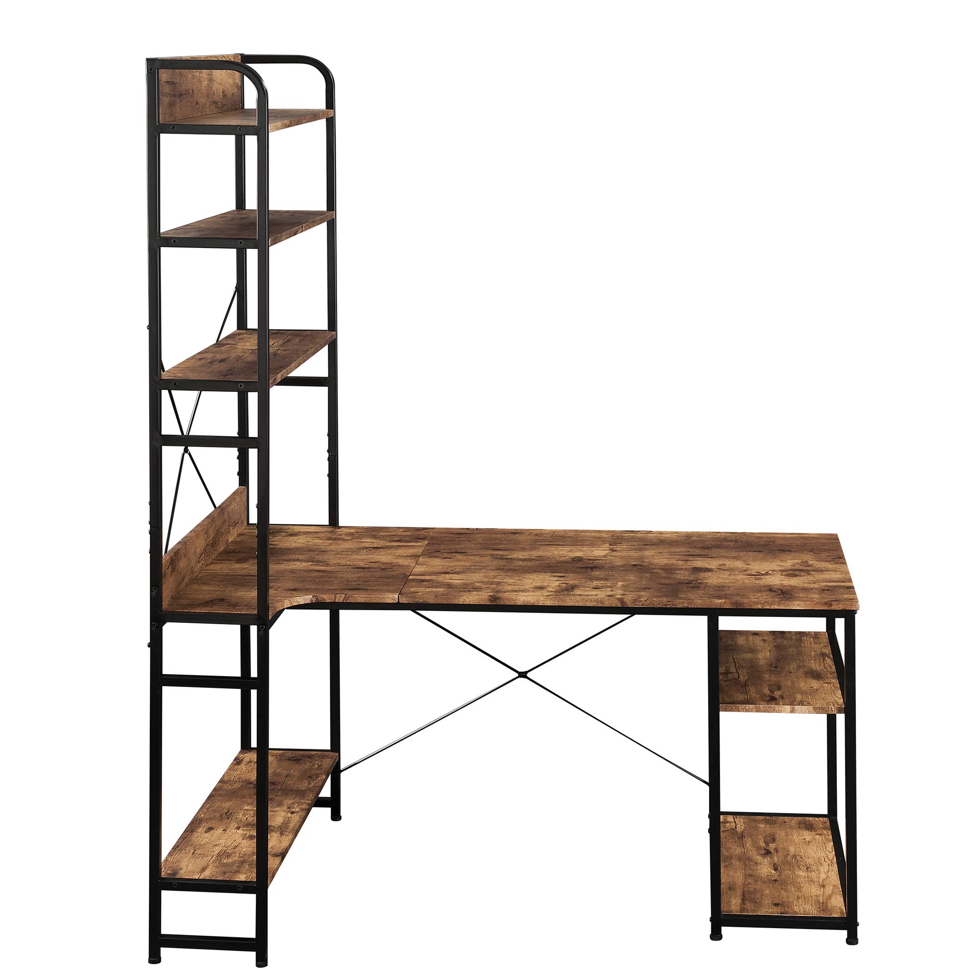 L Shaped Corner Desk with 5-Tier Bookshelf - Home Office Computer Desk, Sturdy Steel Frame & MDF Workstation for Writing, Gaming, Study - Perfect for Small Spaces, Dorm Rooms & Home Offices