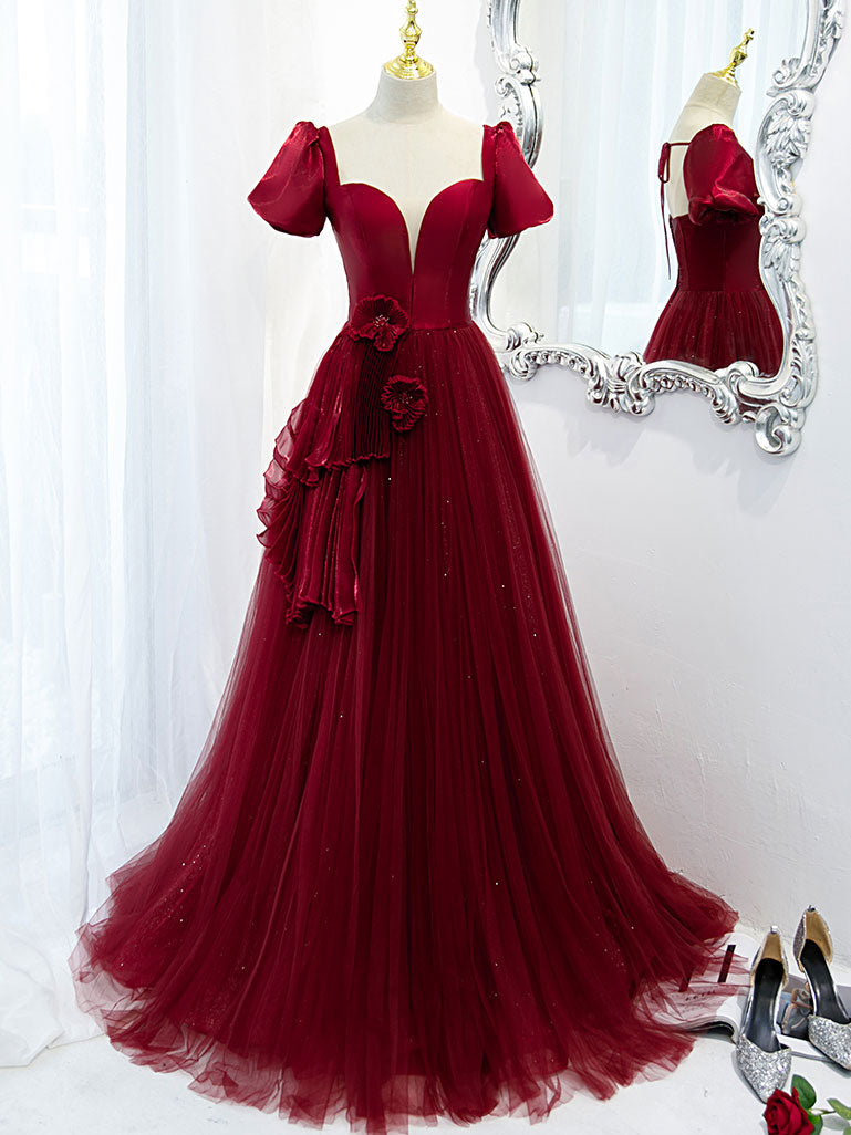 Elegant Burgundy Tulle Long Prom Dress & Evening Gown for Women - Perfect for Homecoming, Formal Dances, and Special Occasions