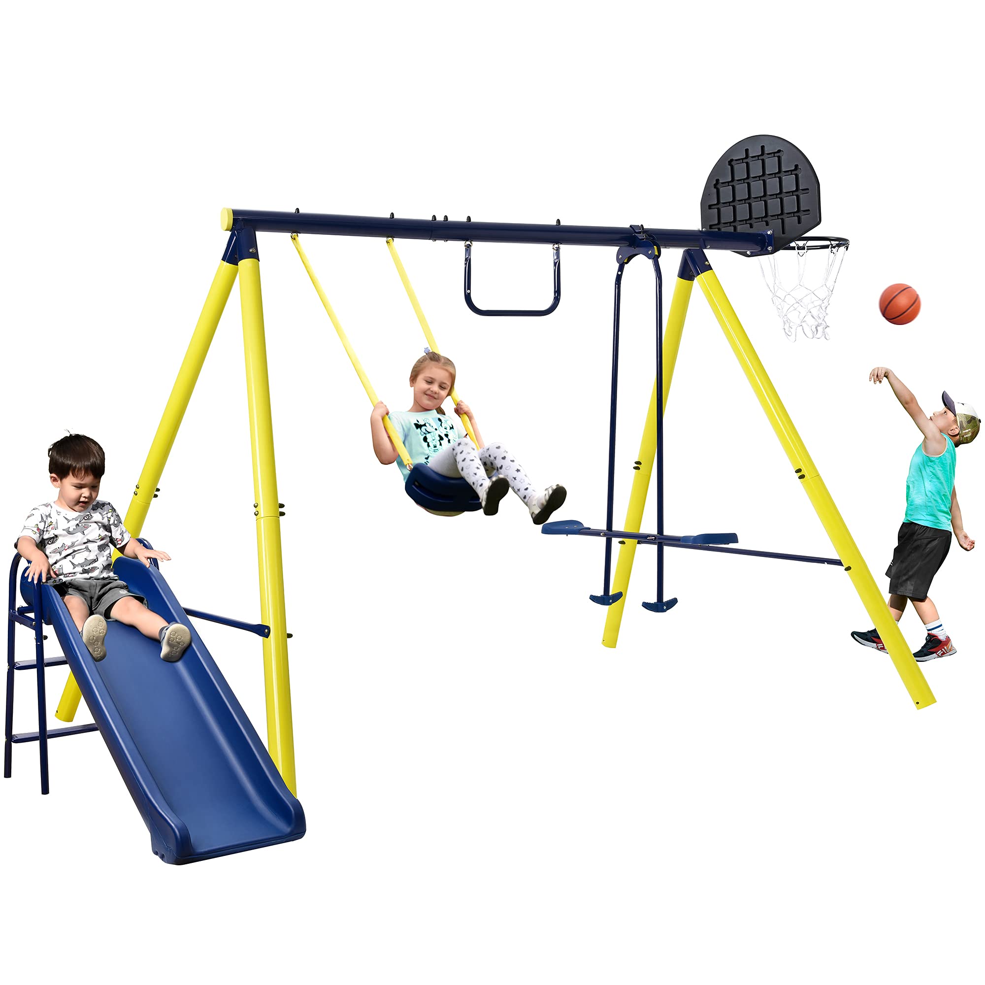 Veemuaro 5-in-1 Outdoor Swing Set for Kids Ages 3-8 - Metal Playset with Slide, Basketball Hoop, Seesaw & Anchors (600lbs Capacity) - Perfect for Backyard, Patio & Playground Fun