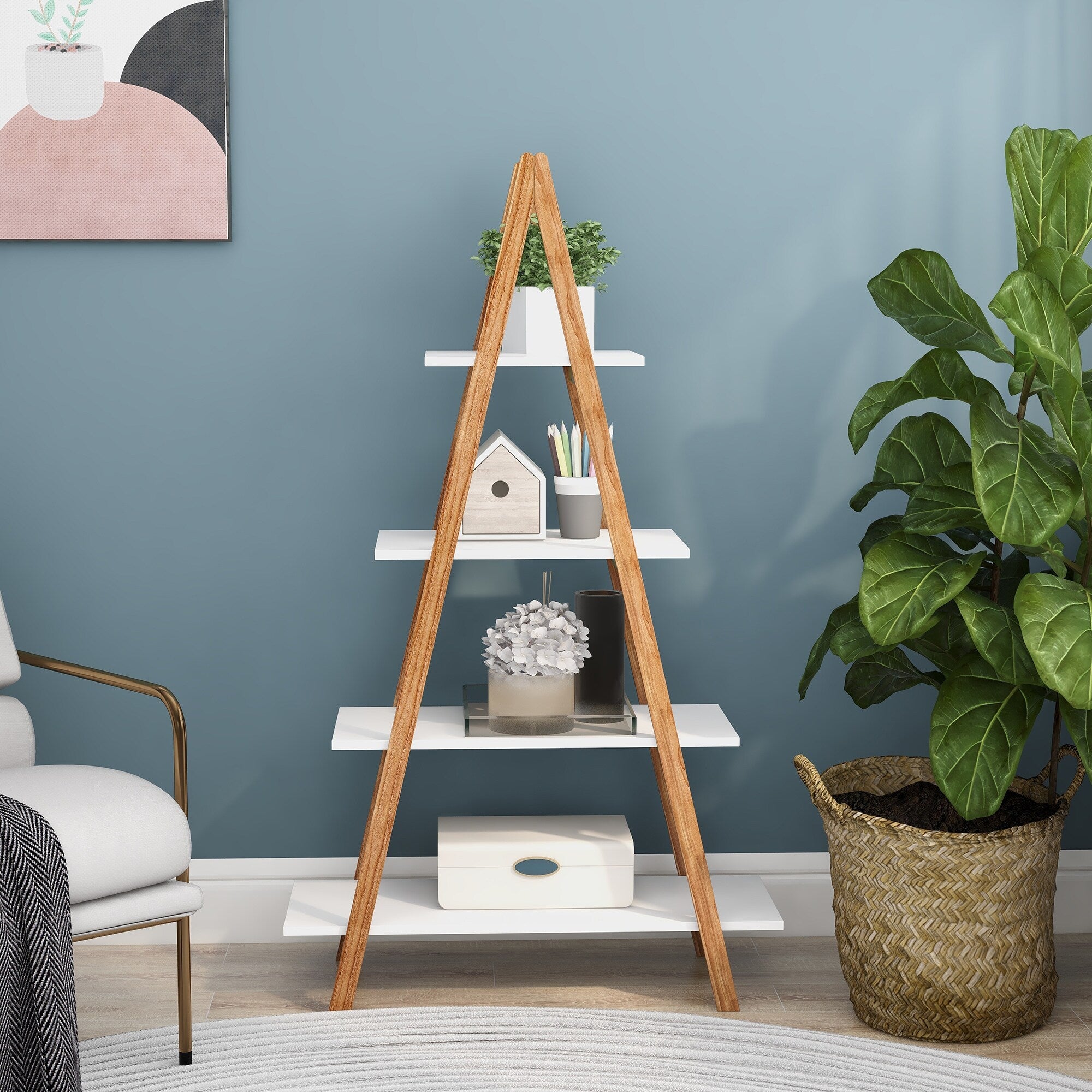 A-Frame Ladder Display Bookshelf - Rustic Wooden Shelf for Home Decor, Books & Plants - Perfect for Living Room, Bedroom & Office Storage