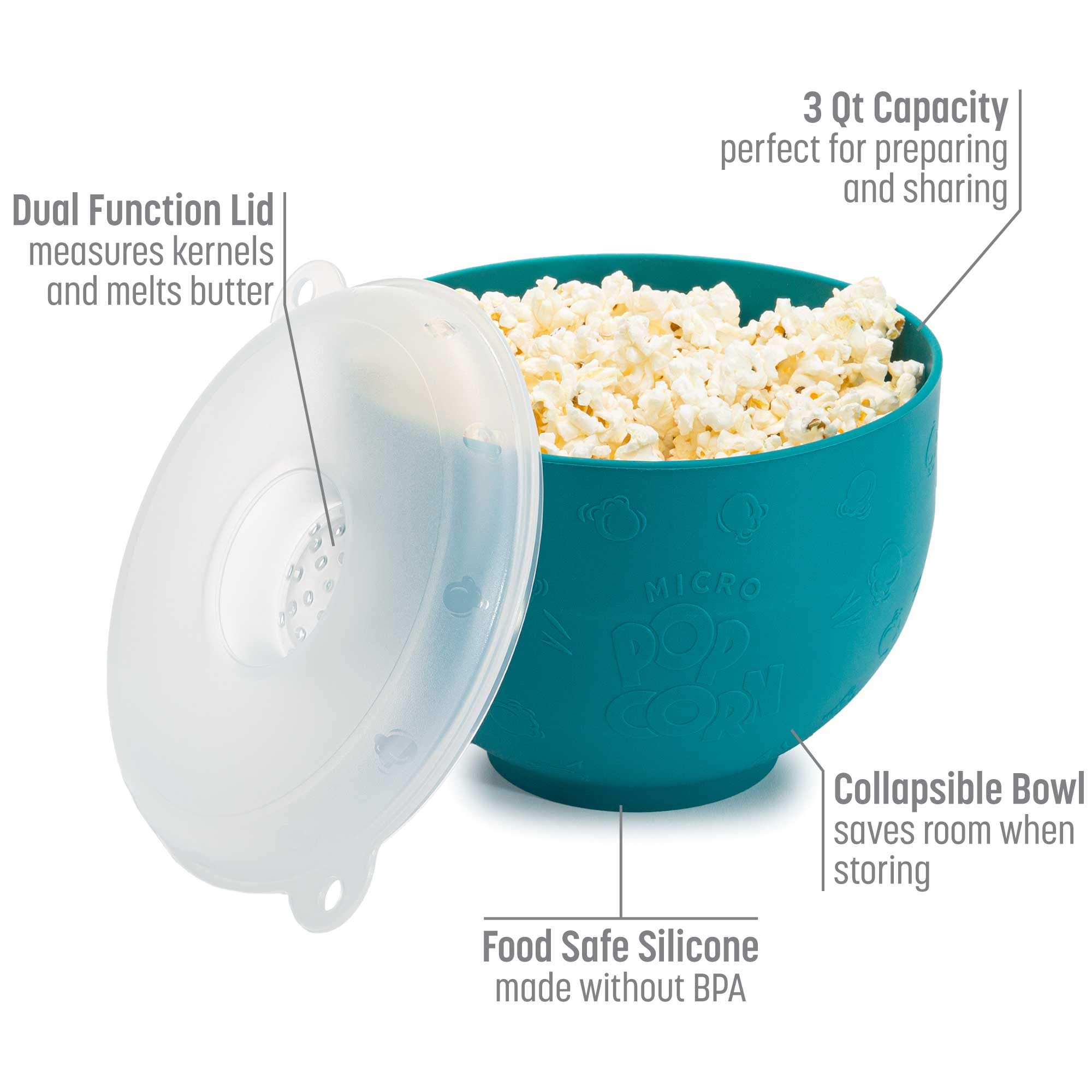Goodful Silicone Collapsible Popcorn Popper - BPA-Free Microwave Popcorn Maker Bowl (Teal) - Perfect for Movie Nights, Snack Time & Healthy Air-Popped Popcorn at Home