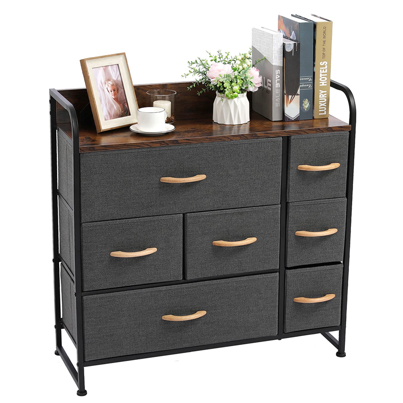 HGPZ 7-Drawer Fabric Dresser Organizer with Sturdy Steel Frame & Wood Top - Gray Storage Tower for Bedroom, Hallway, Entryway & Closet Organization | Perfect for Small Spaces, Apartment Living & Home Decor