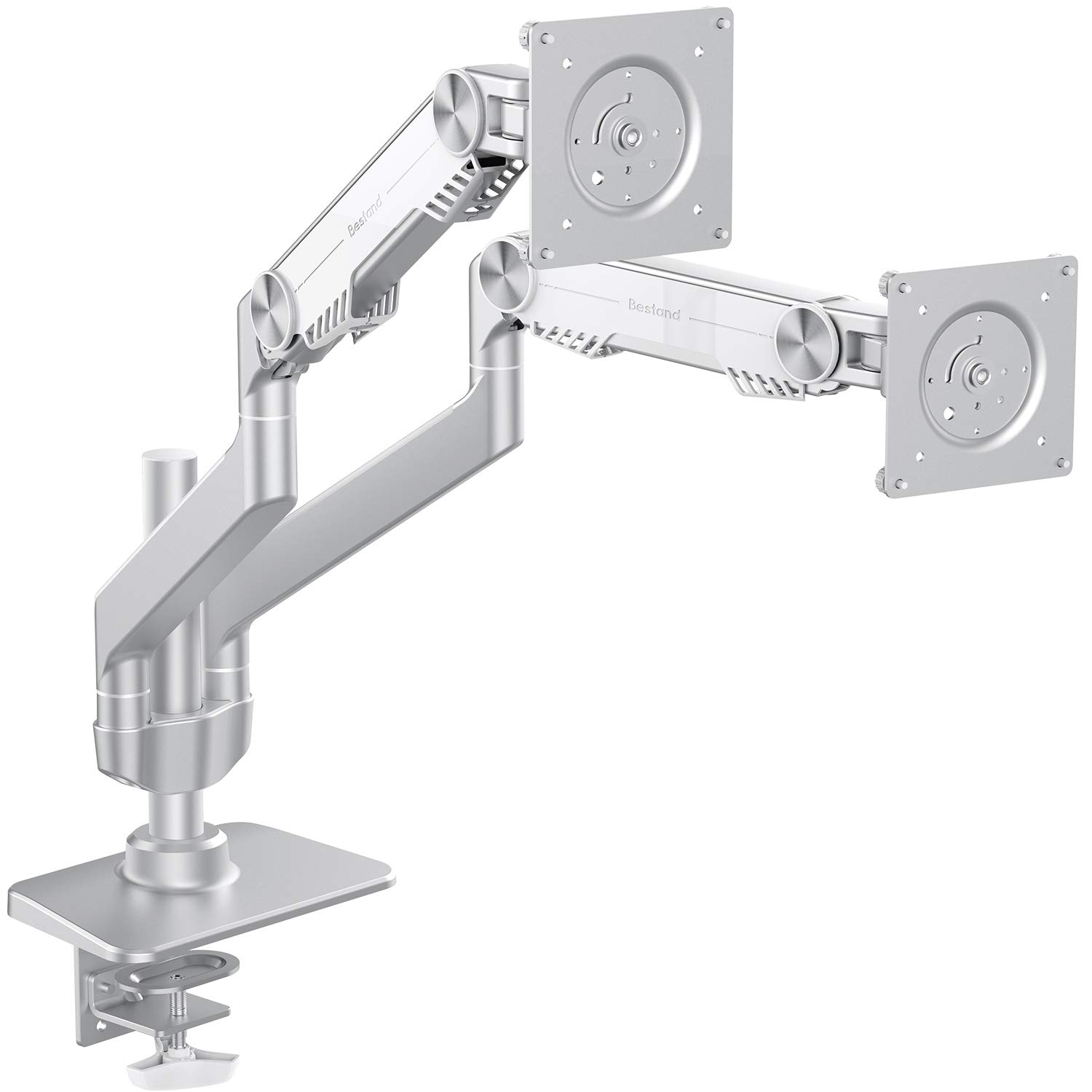 Bestand Premium Dual Monitor Stand - Adjustable Aluminum Mount for 17''-27'' LED LCD Screens (Silver) - Perfect for Home Office, Gaming & Workspace Setup