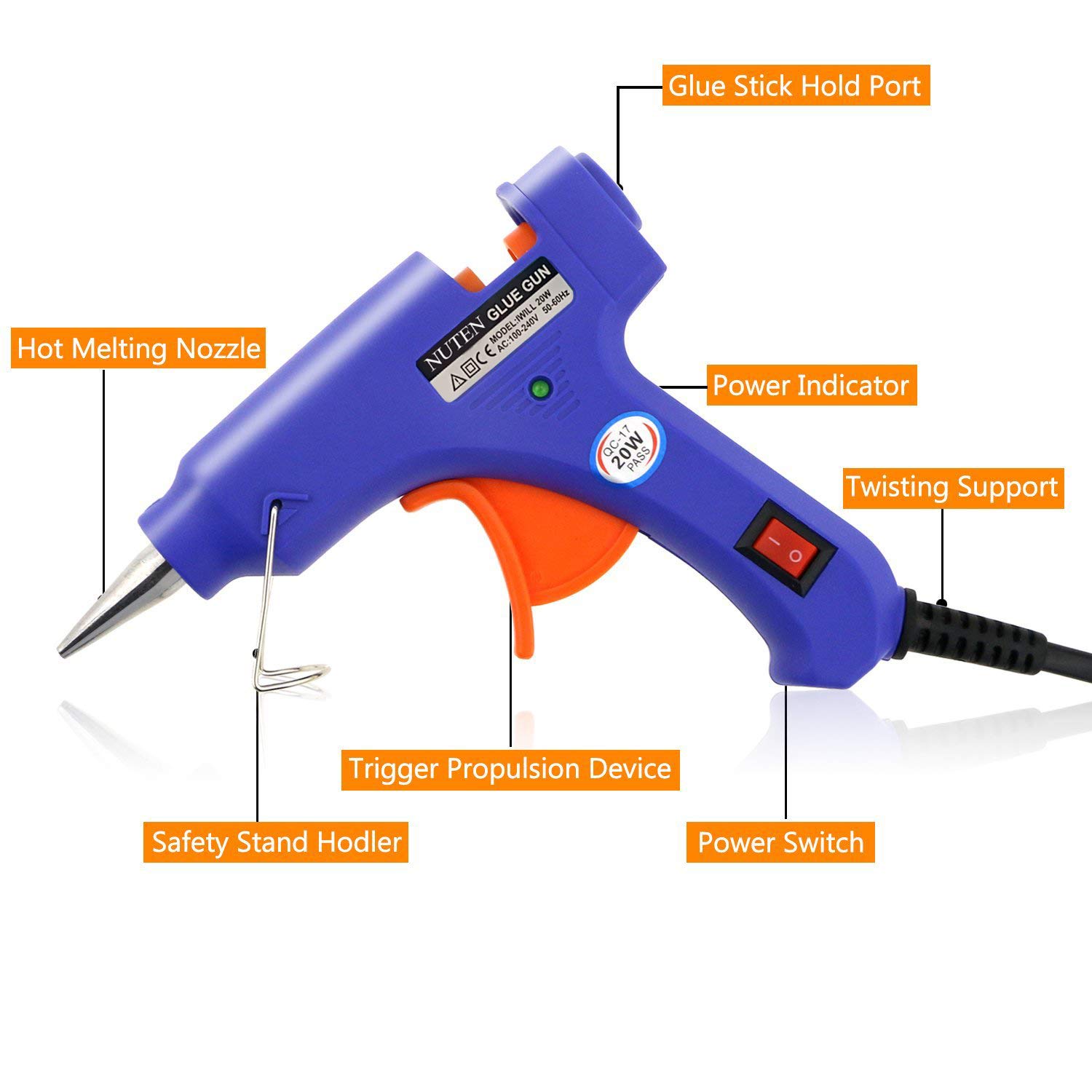 NUTEN 20W 7mm Hot Melt Glue Gun with On/Off Switch & LED Indicator - Includes 10 Free Transparent Glue Sticks (Blue) - Perfect for DIY Crafts, Home Repairs, and Woodworking Projects