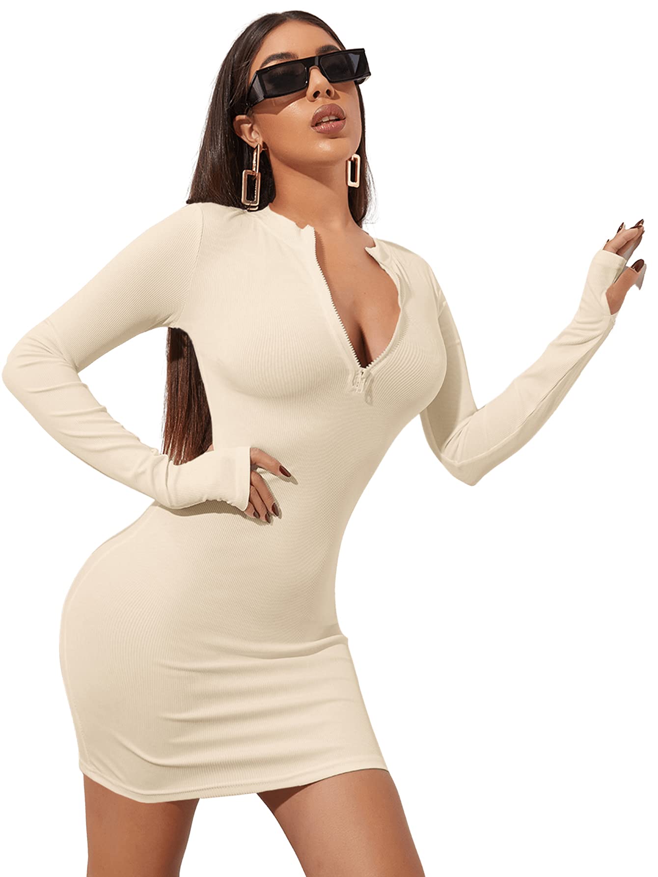 SheIn Women's Sexy Long Sleeve Bodycon Dress with Zipper - Slim Fit Mini Dress for Club, Party & Night Out - Perfect for Date Night, Cocktail Events & Fitness Wear
