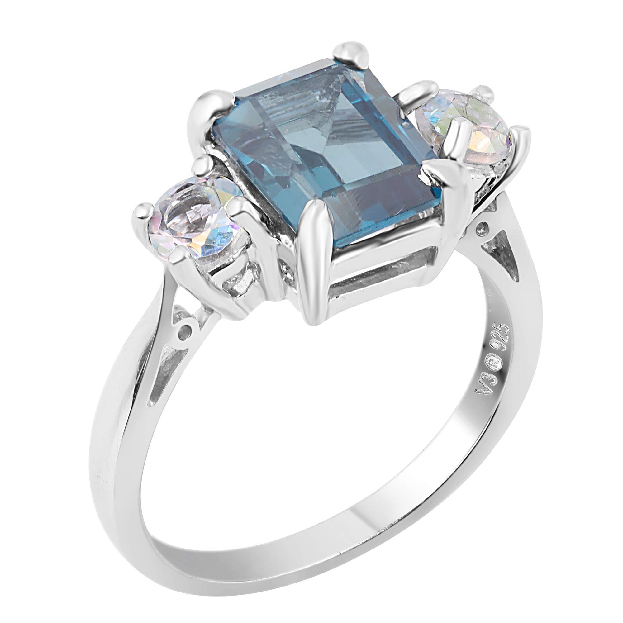 London Blue Topaz & Moissanite Sterling Silver Three Stone Ring | Elegant Jewelry for Engagement, Anniversary & Special Occasions
