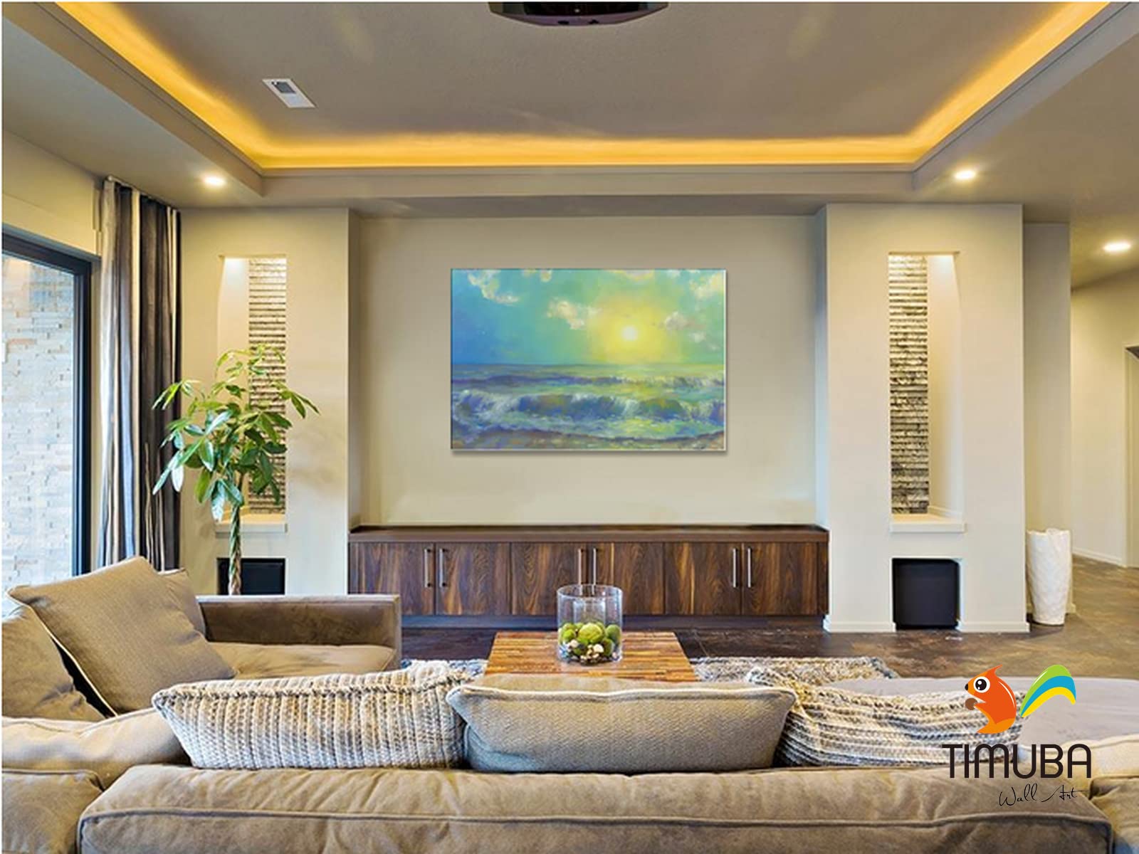 TIMUBA Ocean Wall Art Canvas Print - 32x48 Inch Abstract Beach Sunset Painting for Bathroom & Living Room Decor - Waterproof Bathroom Wall Art, Coastal Home Decor, Modern Office Wall Decor