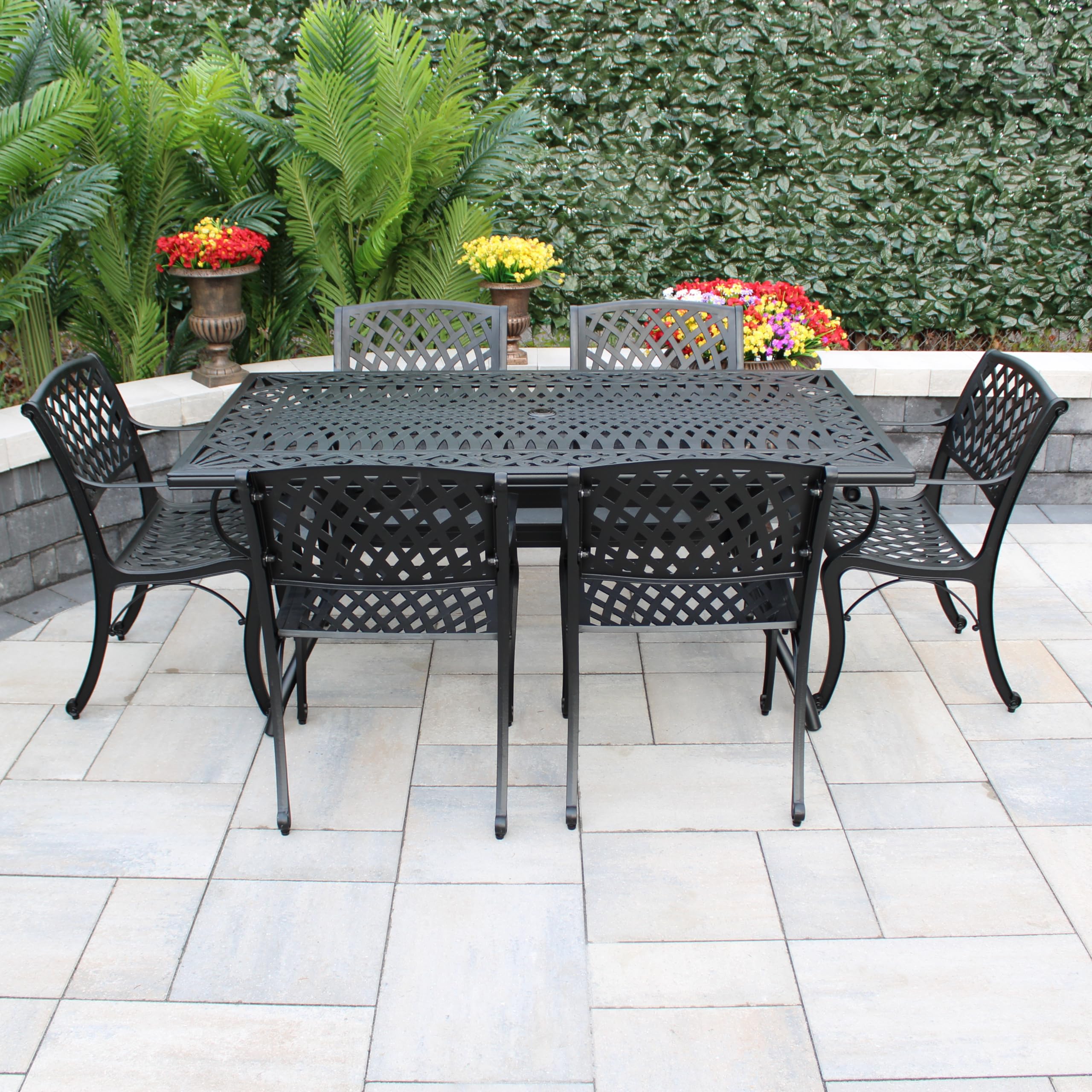 Oakland Living Modern Ornate Outdoor Mesh Aluminum 68-inch Black Rectagonal Patio Dining Set with 6 Chairs – Perfect for Backyard BBQs, Garden Parties & Poolside Entertaining