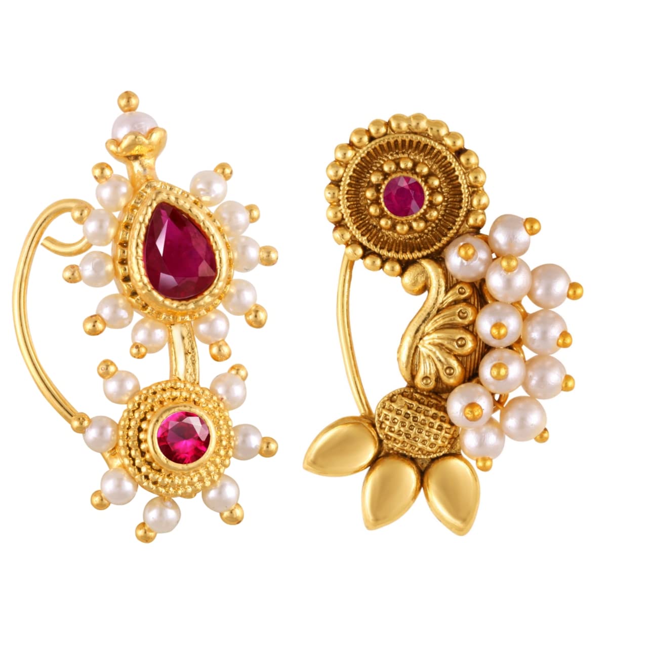 Vighnaharta Golden Moti Pearls Nose Pin - Gold Plated Alloy Two Nose Rings Set - Valentine's Day Gift for Her/Him - Elegant Jewelry for Women - Perfect for Weddings, Parties & Special Occasions [VFJ1165-1172NTH-Press-Red]