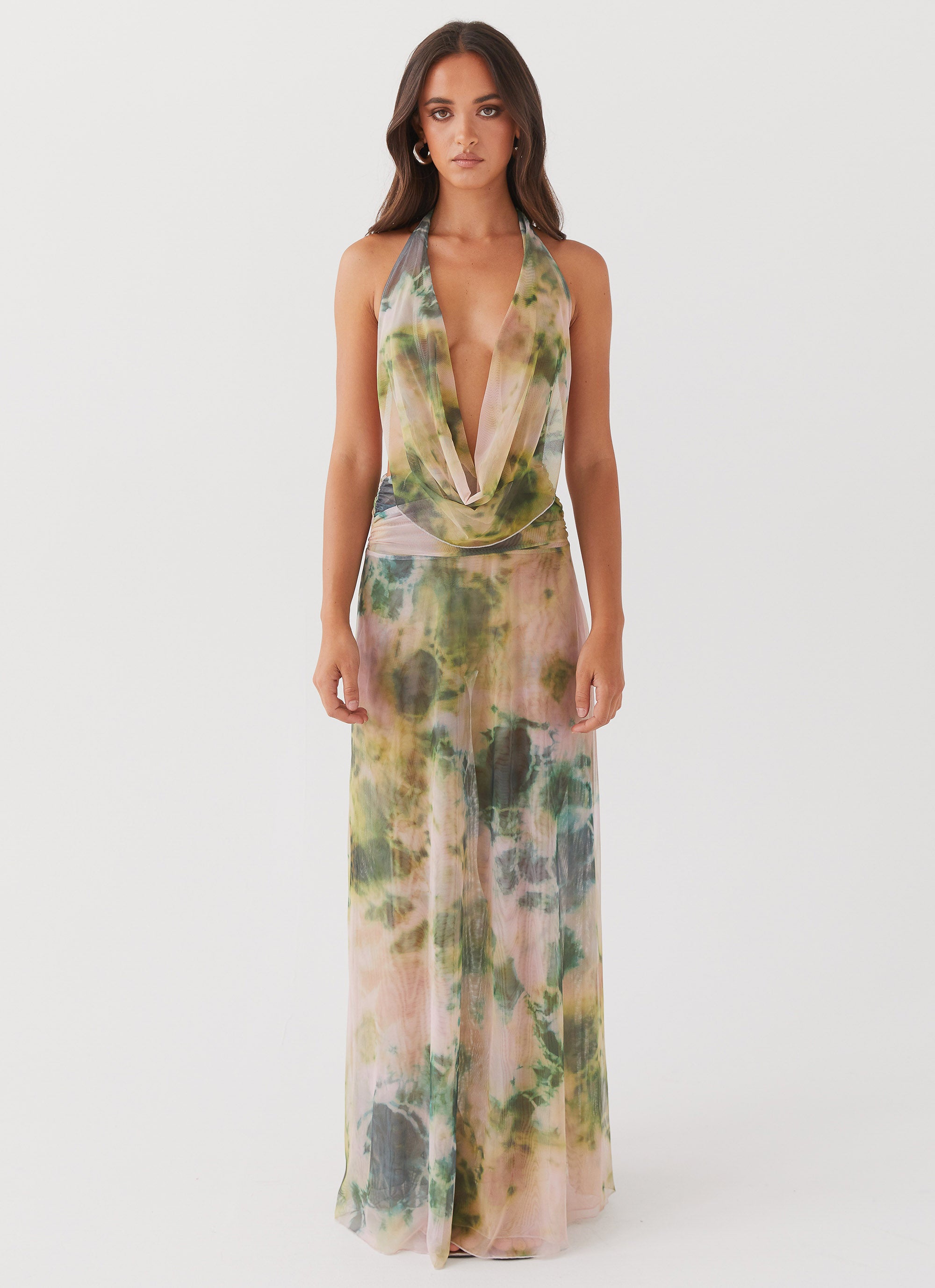 Elysia Mesh Maxi Dress - Flowy Boho Summer Dress with Rainforest Print | Perfect for Beach Vacations, Music Festivals & Boho Chic Outfits