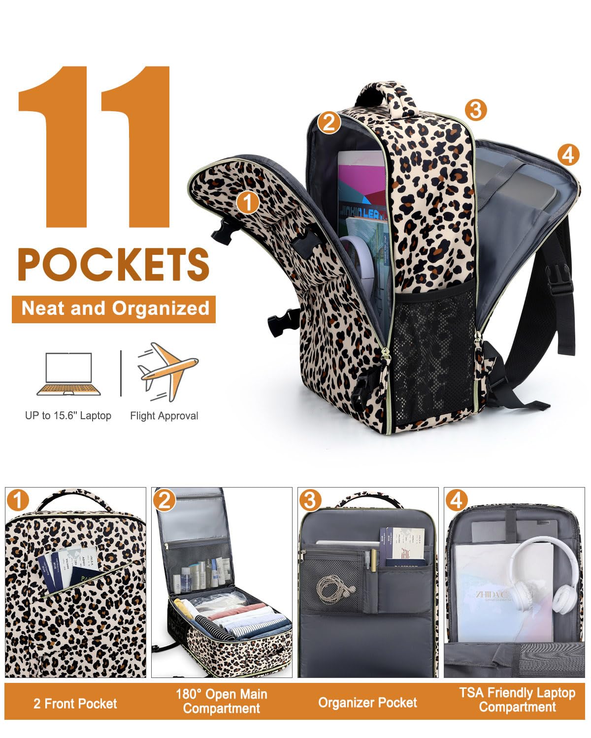 Capolo Waterproof Travel Backpack for Women & Men - Flight Approved Carry On Backpack with Laptop Compartment (Fits 15.6 Inch Laptop) - Durable Leopard Print College Bookbag for Business, Work & Weekend Trips - Perfect for Commuting, Air Travel & Daily Office Use