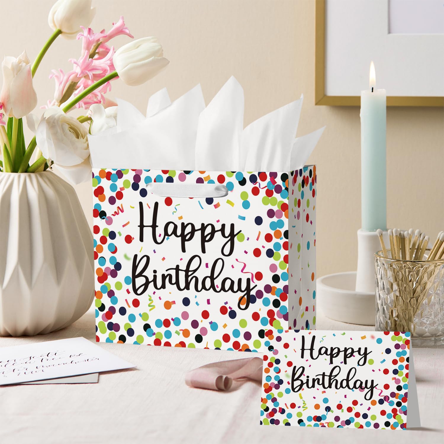 Horaldaily 13 Inch Large Birthday Gift Bags with Tissue Paper & Greeting Card - Premium Polka Dot Party Favor Bags for Men, Women & Kids - Perfect for Birthday Parties, Baby Showers & Special Occasions