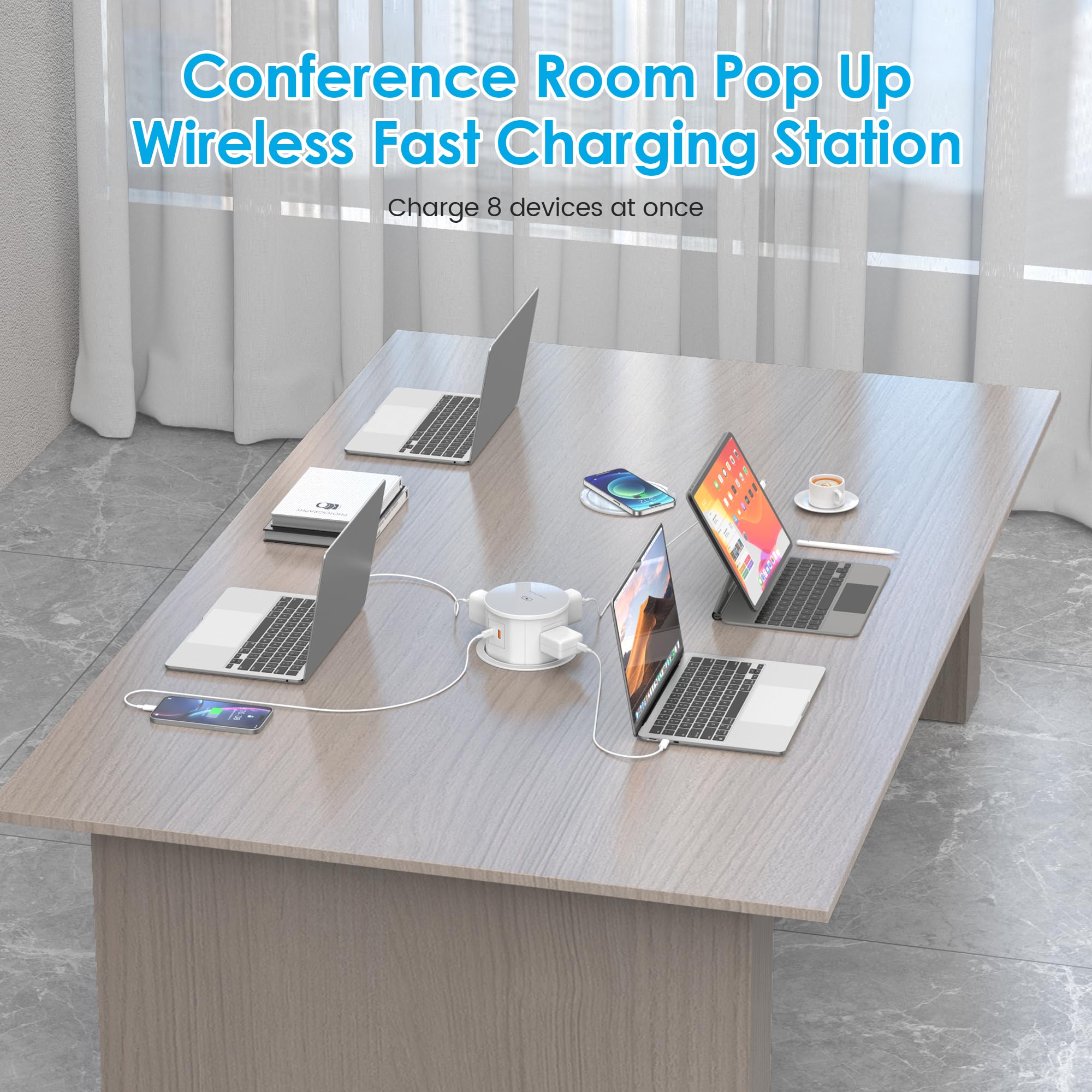 15W Wireless Charger Pop Up Outlet with 4 AC Outlets & 20W PD USB Fast Charging - 4.75 Inch Desk Power Grommet with 6FT Cord for Office, Conference Room, Kitchen, Home and Workspace Use
