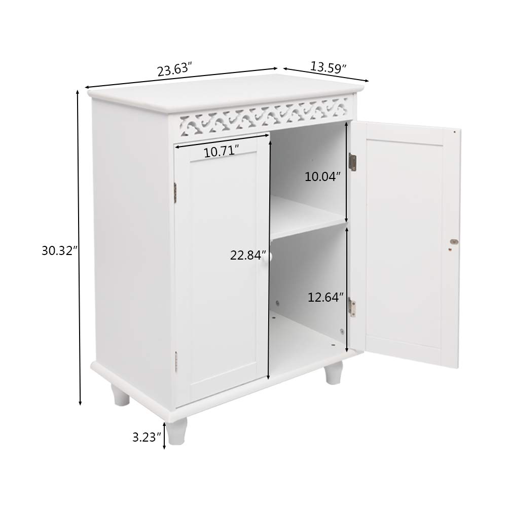 White Carved Double Door Bathroom Floor Cabinet with Adjustable Shelves - Bathroom Storage Organizer for Towels, Toiletries & Cleaning Supplies