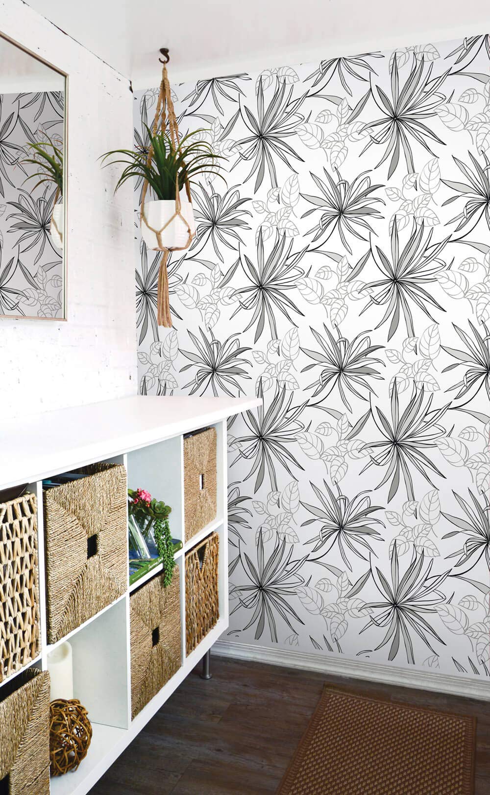 NextWall Spider Plants Peel and Stick Wallpaper - Self-Adhesive Removable Wall Mural in Grayscale - Perfect for Bedroom, Living Room, Nursery & Home Office Decor