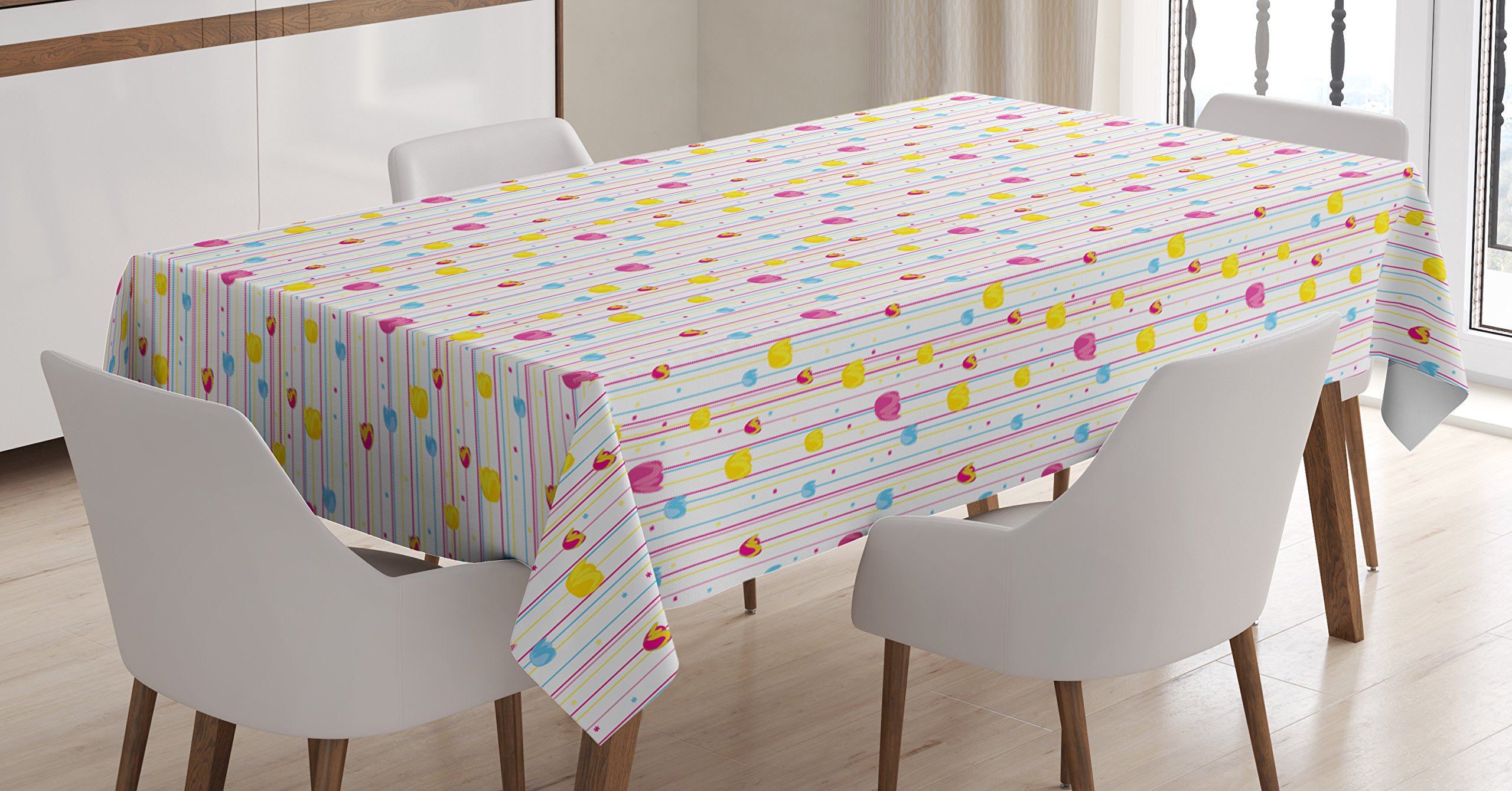 Ambesonne Striped Floral Tablecloth - Yellow & Blue Vertical Thin Stripes with Colorful Tulips, 52x70 Inch Rectangular Table Cover for Dining Room & Kitchen Decor | Perfect for Spring Parties, Picnics & Home Styling