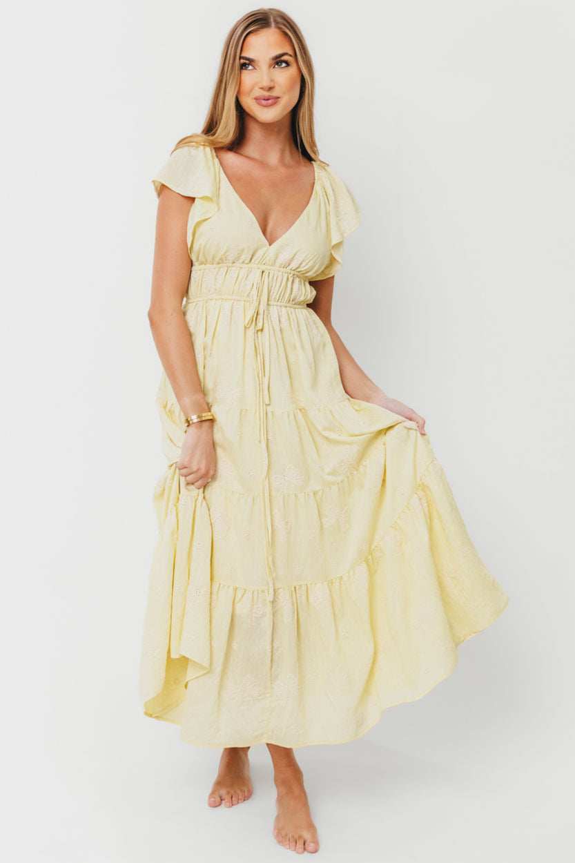 Yellow Destiny Embroidered Ruffle Sleeve Tiered Midi Dress for Women | Floral Summer Party & Wedding Guest Outfit