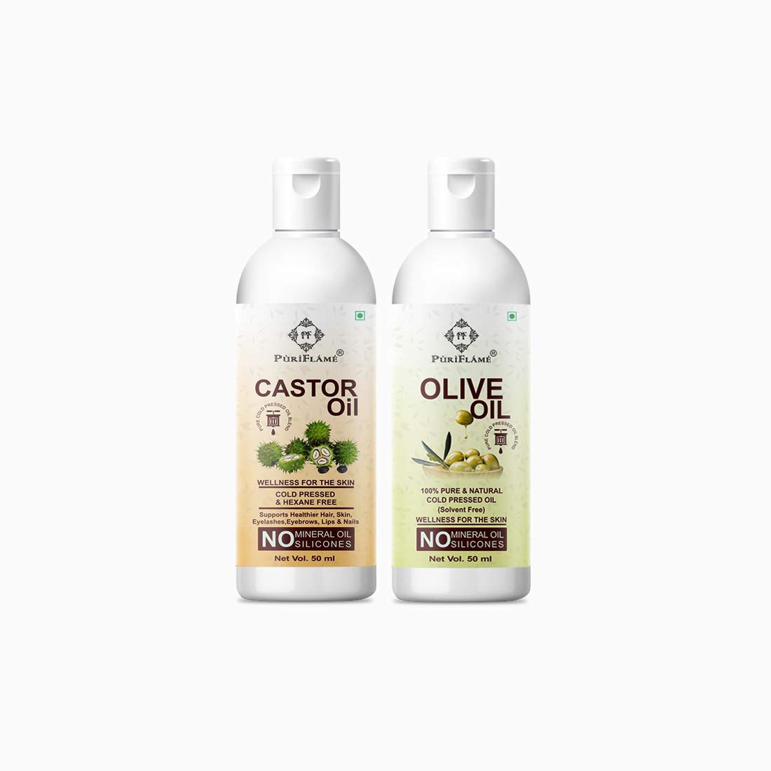 PuriFlame 100% Pure Castor Oil & Olive Oil Combo Set (50ML Each) - For Faster Hair Growth, Reduces Hair Loss, Repairs Split Ends & Adds Shine - Natural Hair Care Treatment for Dry, Damaged Hair - Perfect for Daily Hair Mask & Scalp Massage