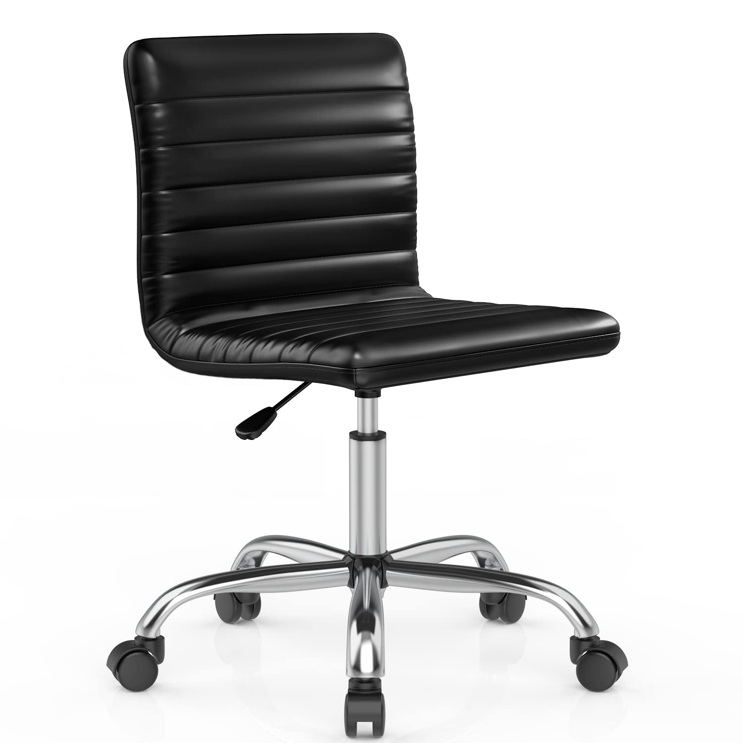 Ergonomic Armless Office Chair - Leather Swivel Task Chair with Mid Back Support, Ribbed Design for Home Office - White & Black Options for Adults & Kids - Perfect for Work Desks, Vanity Tables & Study Areas