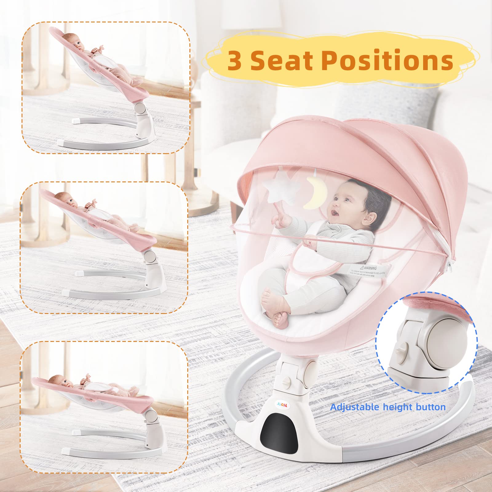 Jaoul Baby Swing for Infants - Electric Portable Infant Swing with Bluetooth, Touch Screen & Remote Control - 5 Speed Settings & 3 Reclining Positions - Baby Bouncer for Newborns (Pink) - Perfect for Nursery, Travel & Soothing Fussy Babies