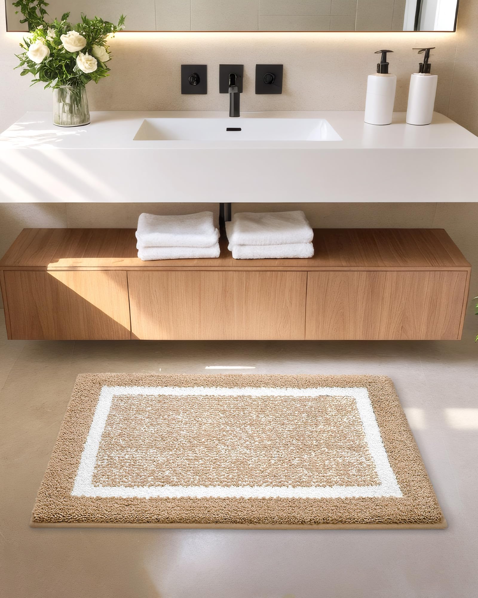 Non-Slip Brown Bathroom Rug - Soft, Absorbent & Quick Dry for Shower & Bathroom