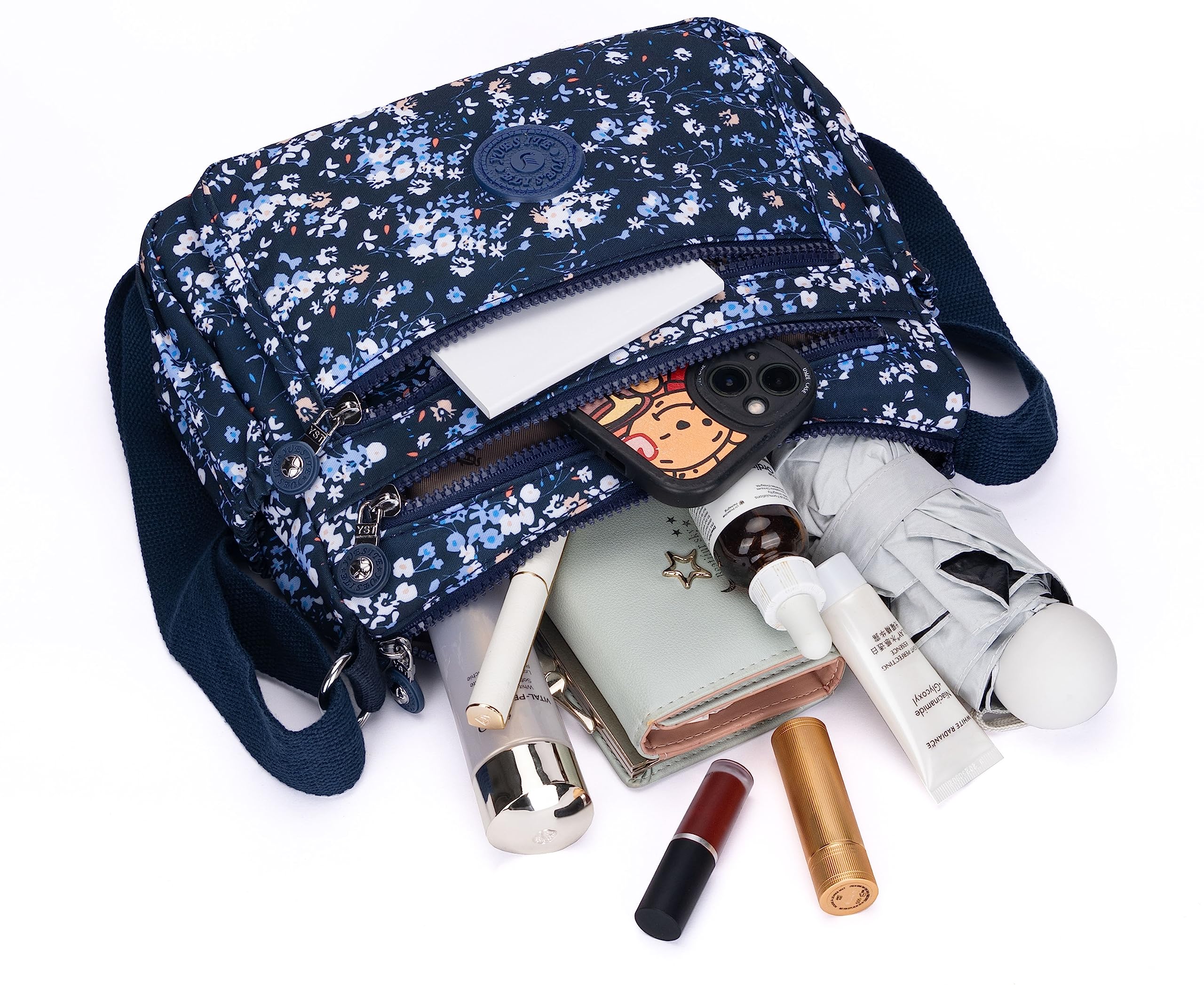 Stylish Nylon Floral Crossbody Bag for Women - Multi-Pocket Shoulder Purse with Adjustable Strap, Perfect for Travel, Shopping & Daily Use