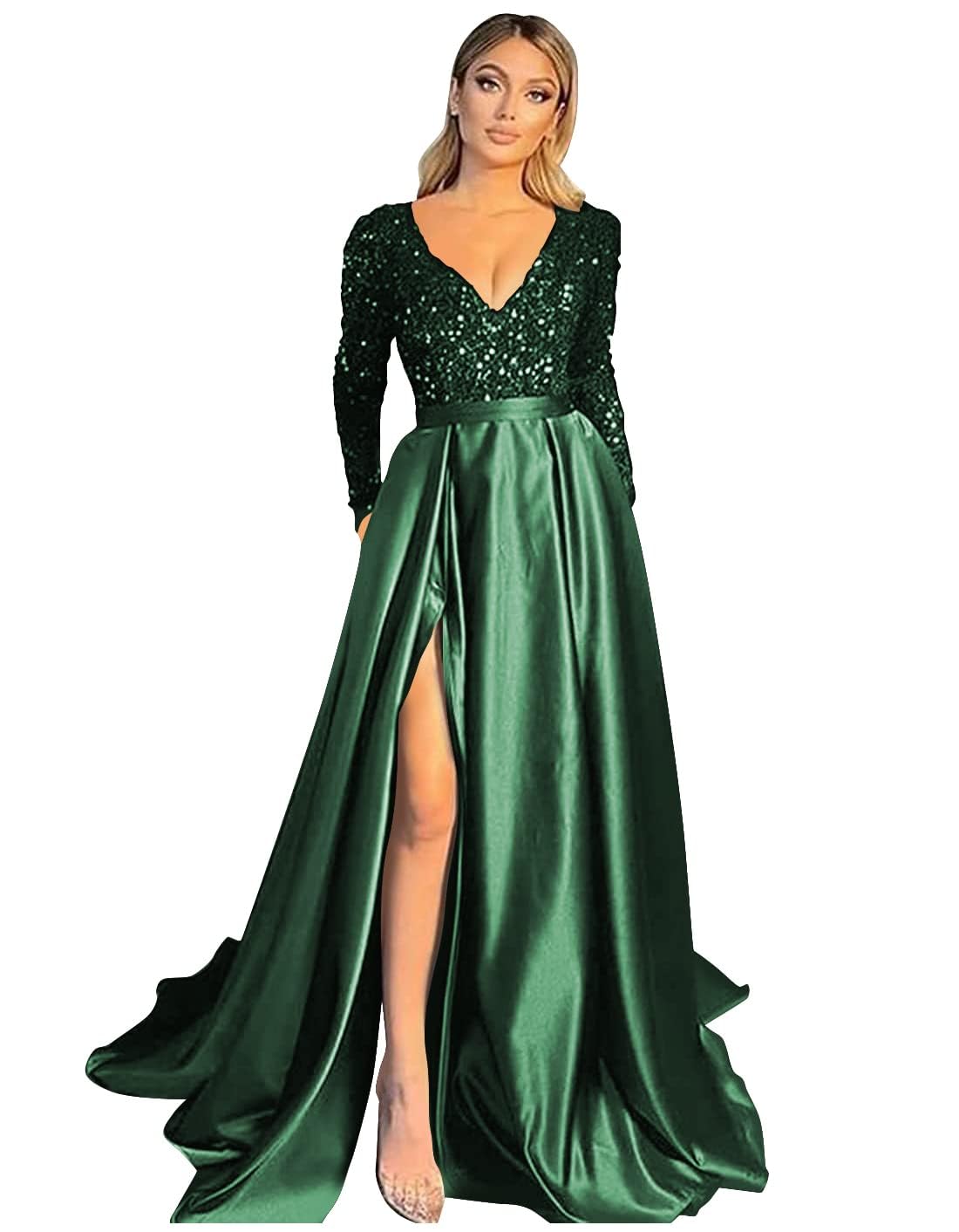 Elegant V-Neck Long Sleeve Sequin Prom Dress with High Slit - Satin Formal Evening Gown for Homecoming, Wedding, Ball & Special Occasions