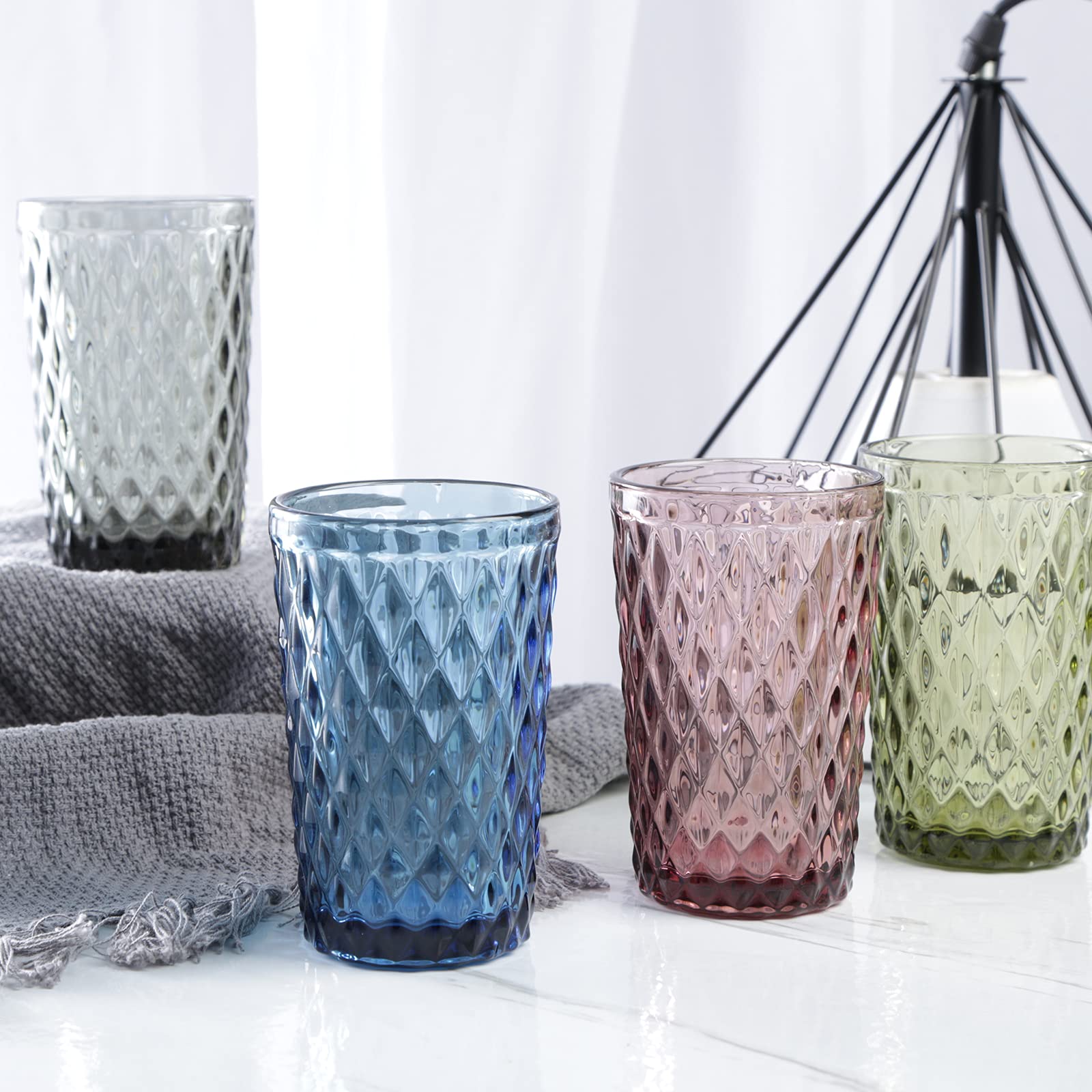 Bandesun 12 oz Blue Drinking Glass Set of 6 - Diamond Cut Tumbler Glasses for Water, Cocktail, Milk, Juice & Beverages | Durable Kitchen Glassware for Home, Bar, Restaurant & Party Use