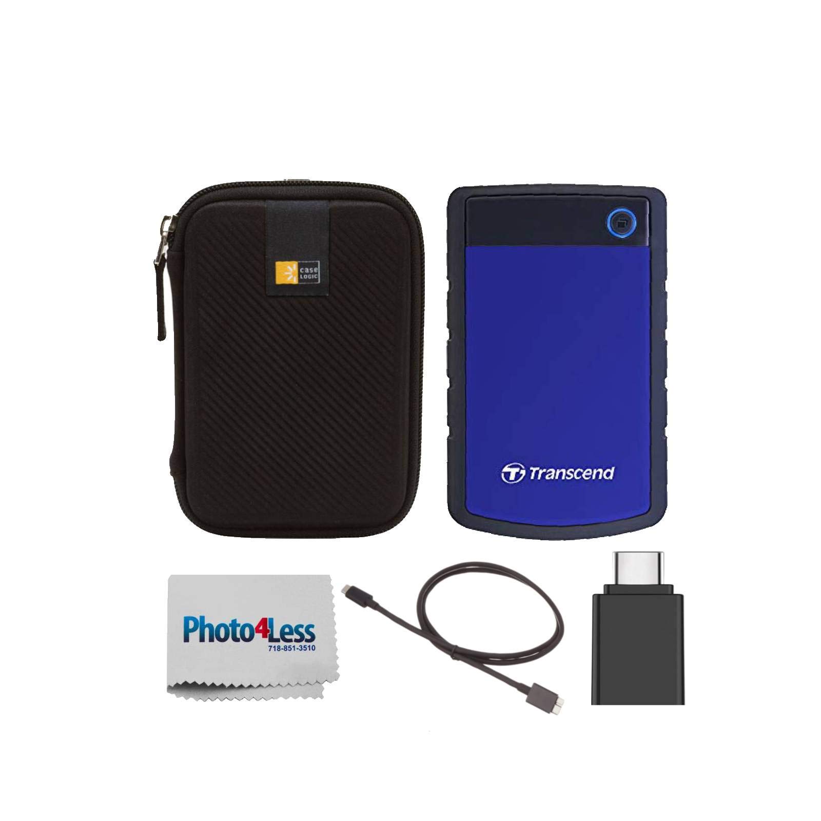 Transcend 1TB StoreJet 25H3 Rugged Portable External Hard Drive - Shockproof, Water-Resistant, USB 3.1 Gen 1 - Includes Hard Drive Case, USB-C to USB 3.0 Adapter & Micro B Cable - Perfect for Travel, Backup & Data Storage