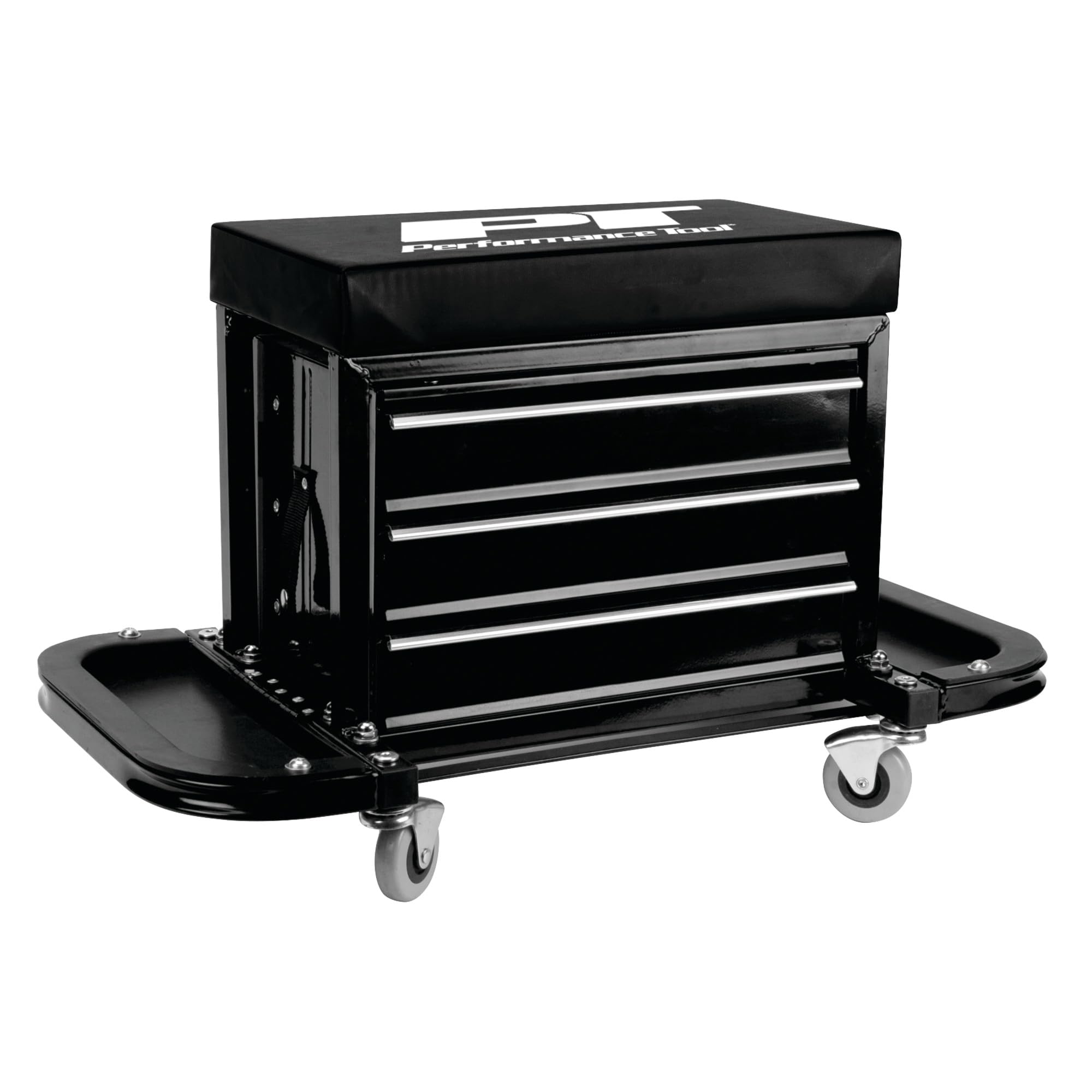 Performance Tool W85025 3-Drawer Rolling Tool Chest Seat with Magnetic Side Trays - Heavy Duty Black Tool Storage for Garage, Workshop & Auto Repair | Mobile Workbench with Organizer & Seat