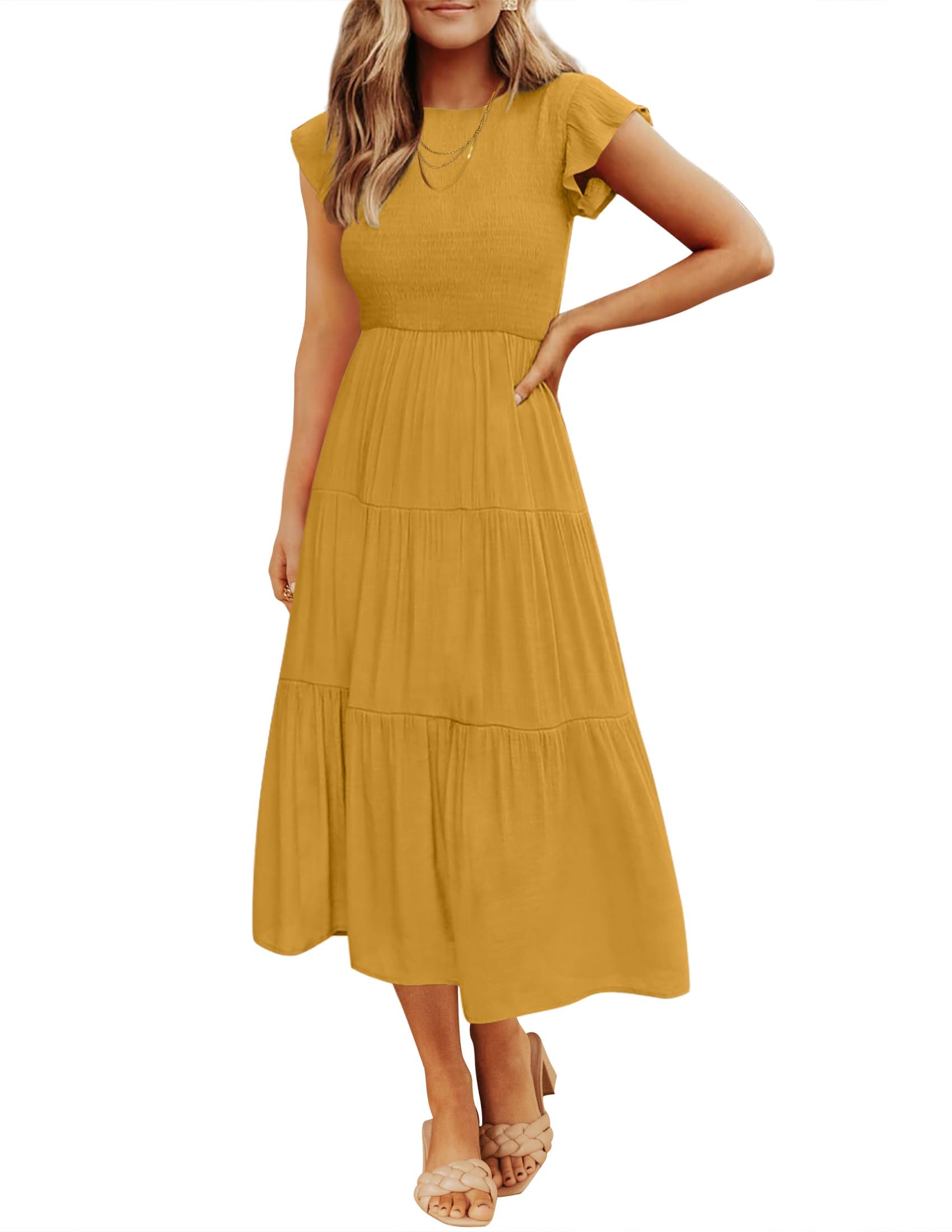 ZESICA Women's 2025 Summer Flutter Sleeve Smocked Waist Tiered Midi Dress - Casual Crew Neck Elastic Waist Flowy Dress for Beach, Vacation & Outdoor Parties