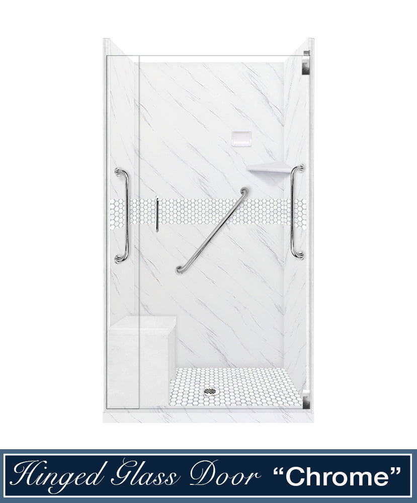 Freedom 60 Alcove Carrara Medici Marble & Pearl Hex Mosaic Tile - DIY Shower Remodel Kit for Bathroom & Backsplash Upgrade | Waterproof & Easy Installation