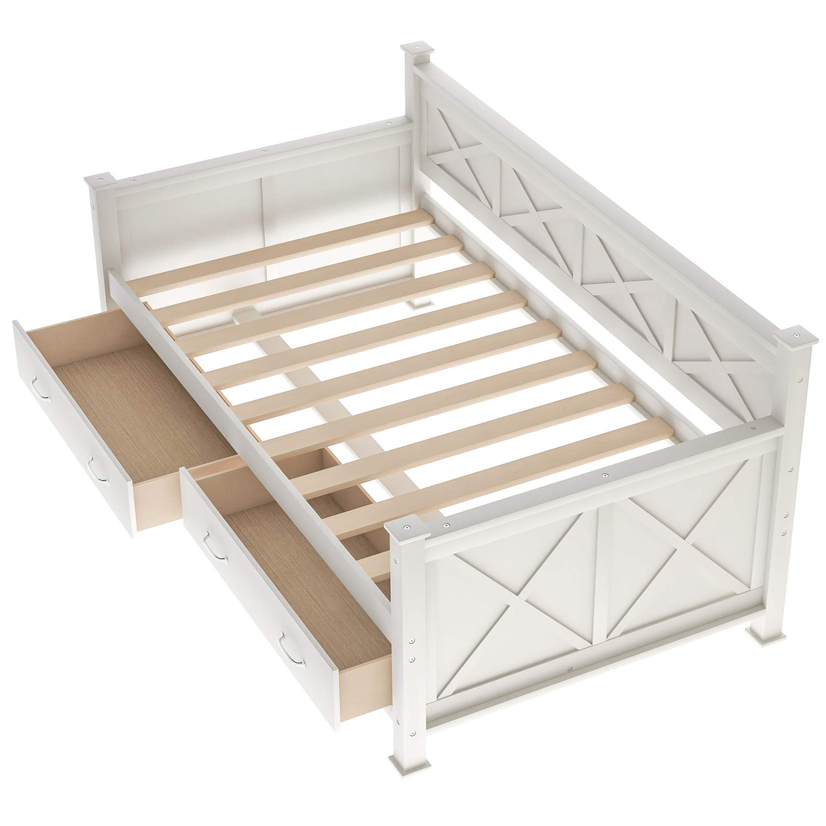Wooden Daybed with 2 Storage Drawers - Cream Platform Bed for Kids, Guest Room & Sleepovers - Space-Saving Twin Bed with Underbed Storage - Perfect for Small Bedrooms, Dorms & Apartments