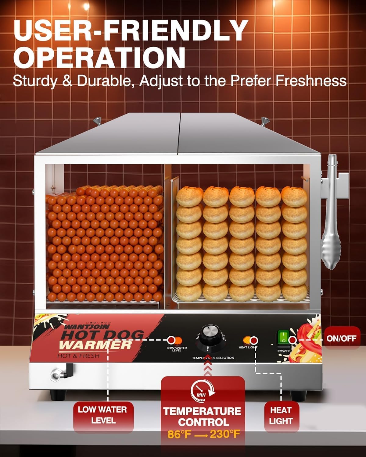 Commercial Hot Dog Steamer 36L/38QT with Bun Warmer - Stainless Steel Cabinet & Tempered Glass - Holds 200-275 Sausages & 45 Buns - 1200W for Restaurants, Food Trucks, and Catering Events