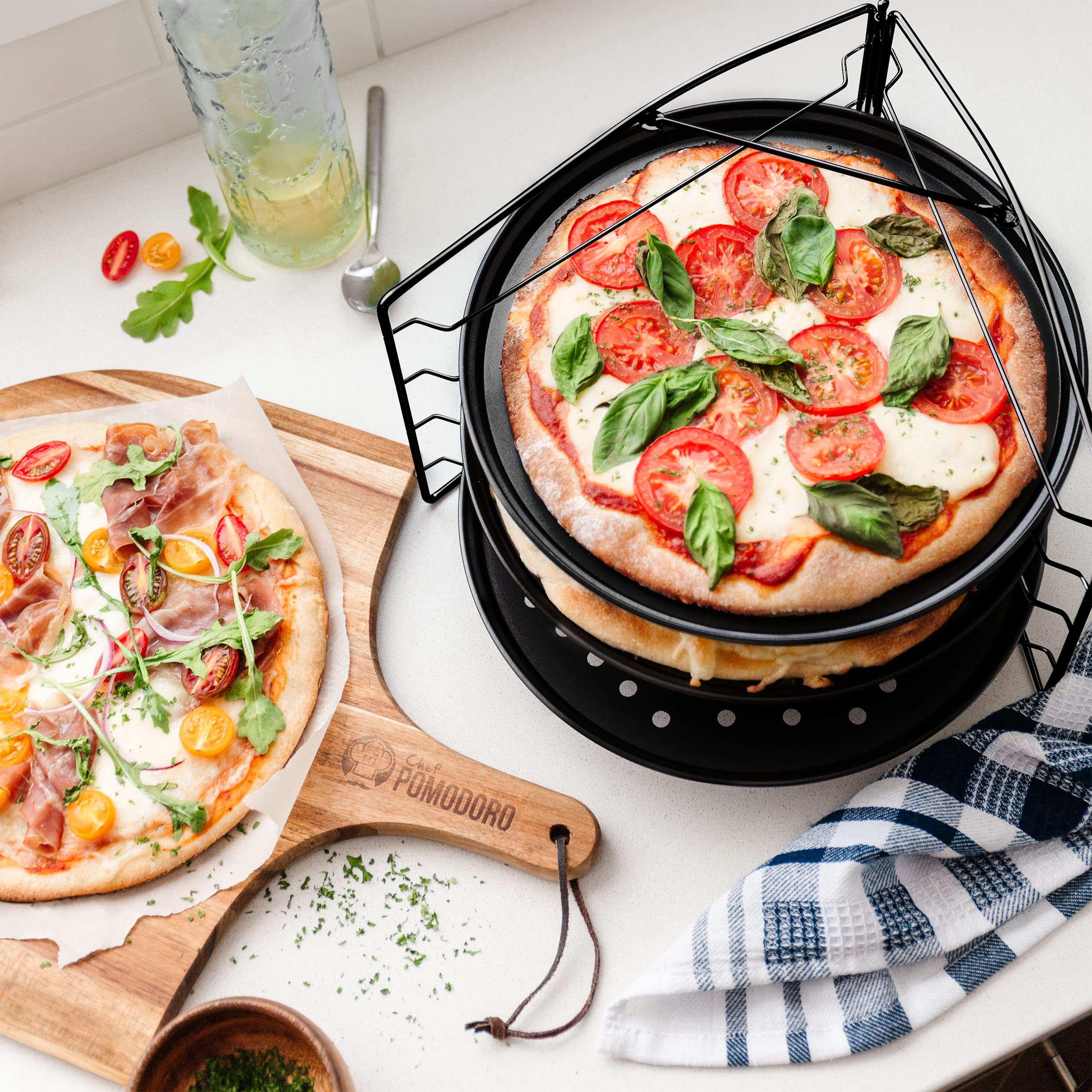 Chef Pomodoro 3-Piece Pizza Baking Set - 11-Inch Non-Stick Perforated Pizza Pans & Rack for Oven, Grill & BBQ | Perfect for Home Baking, Restaurant Use & Outdoor Cooking