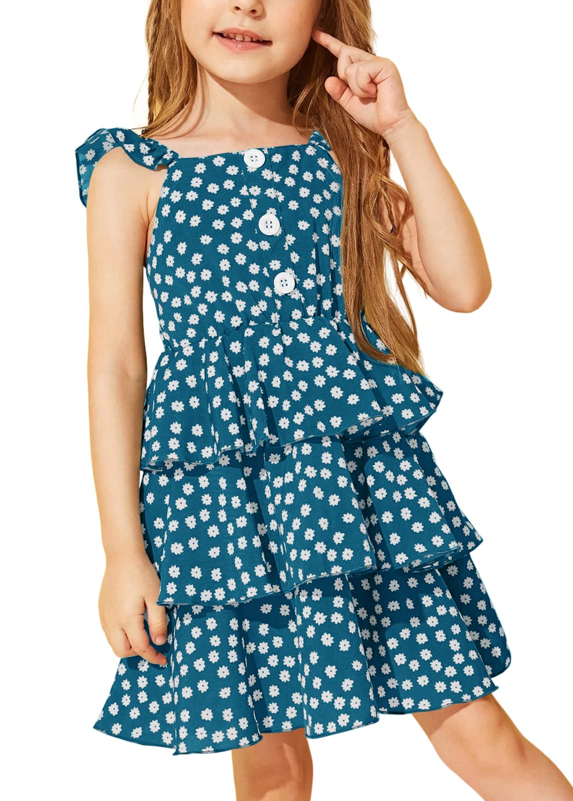 DOBULO Girls Floral Sundress - Ruffle Sleeveless Casual Button Down Summer Dress for Beach Vacation, Holiday Party & Outdoor Play