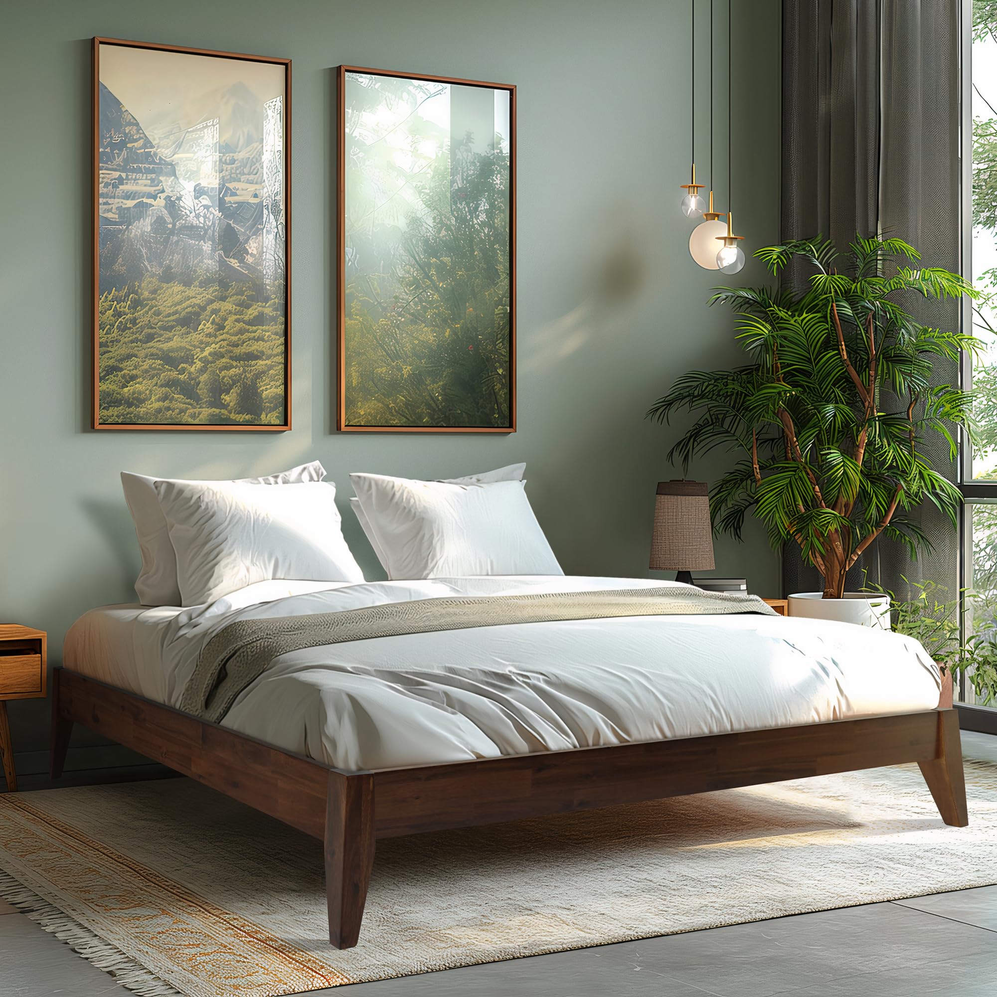 Acacia Mervyn Queen Bed Frame - Solid Wood Platform Bed with 800 lbs Capacity | Mid Century Modern Design | Compatible with All Mattress Types | Easy 30-Minute Assembly | Chocolate Finish | Perfect for Master Bedrooms, Guest Rooms & Modern Apartments