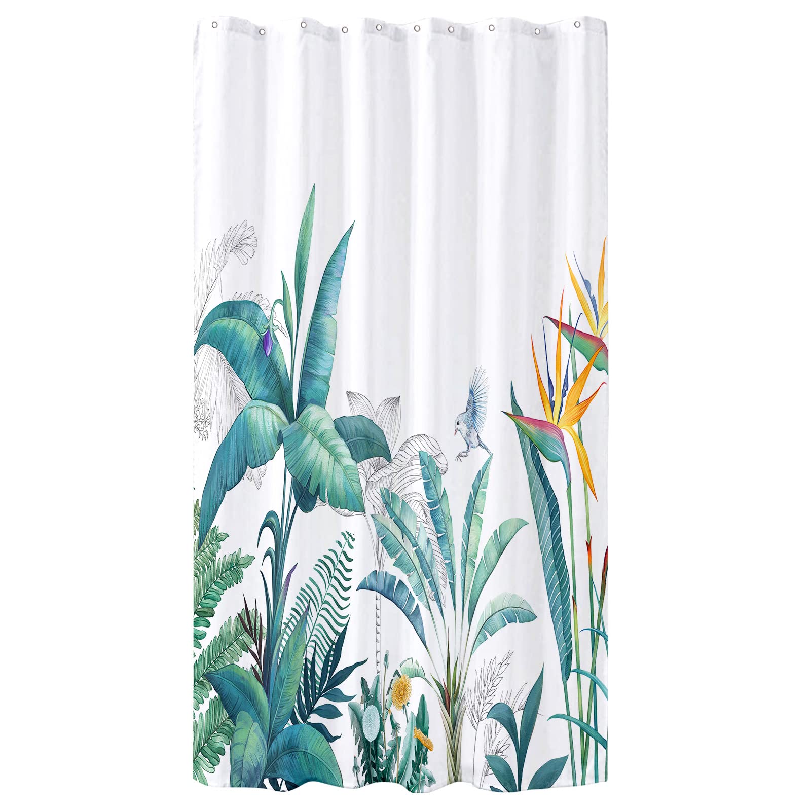 Bianlte Tropical Shower Curtain Set with Hooks - 36x72 Inch Waterproof Bathroom Curtain with Green Leaf Plant & Floral Botanical Design - Perfect for Summer Beach House, Spa Bathroom or Boho Home Decor