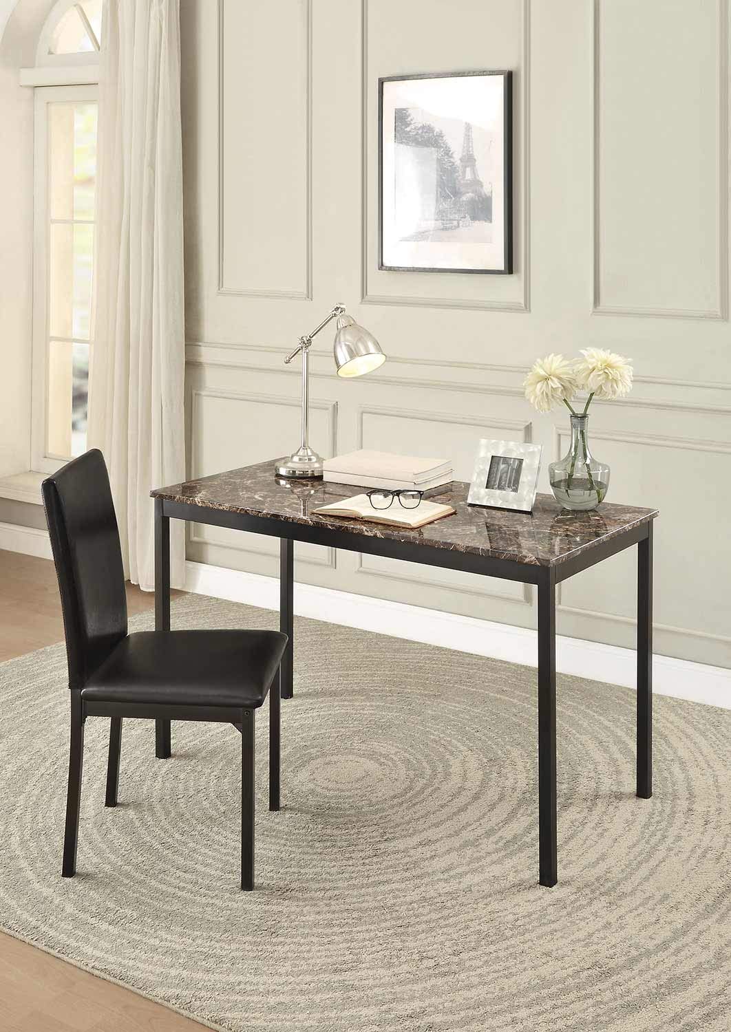 Benjara Modern Marble Writing Desk with Leatherette Upholstered Metal Chair Set - Black & Brown Home Office Furniture for Small Spaces | Perfect for Study, Work from Home & Executive Workspaces