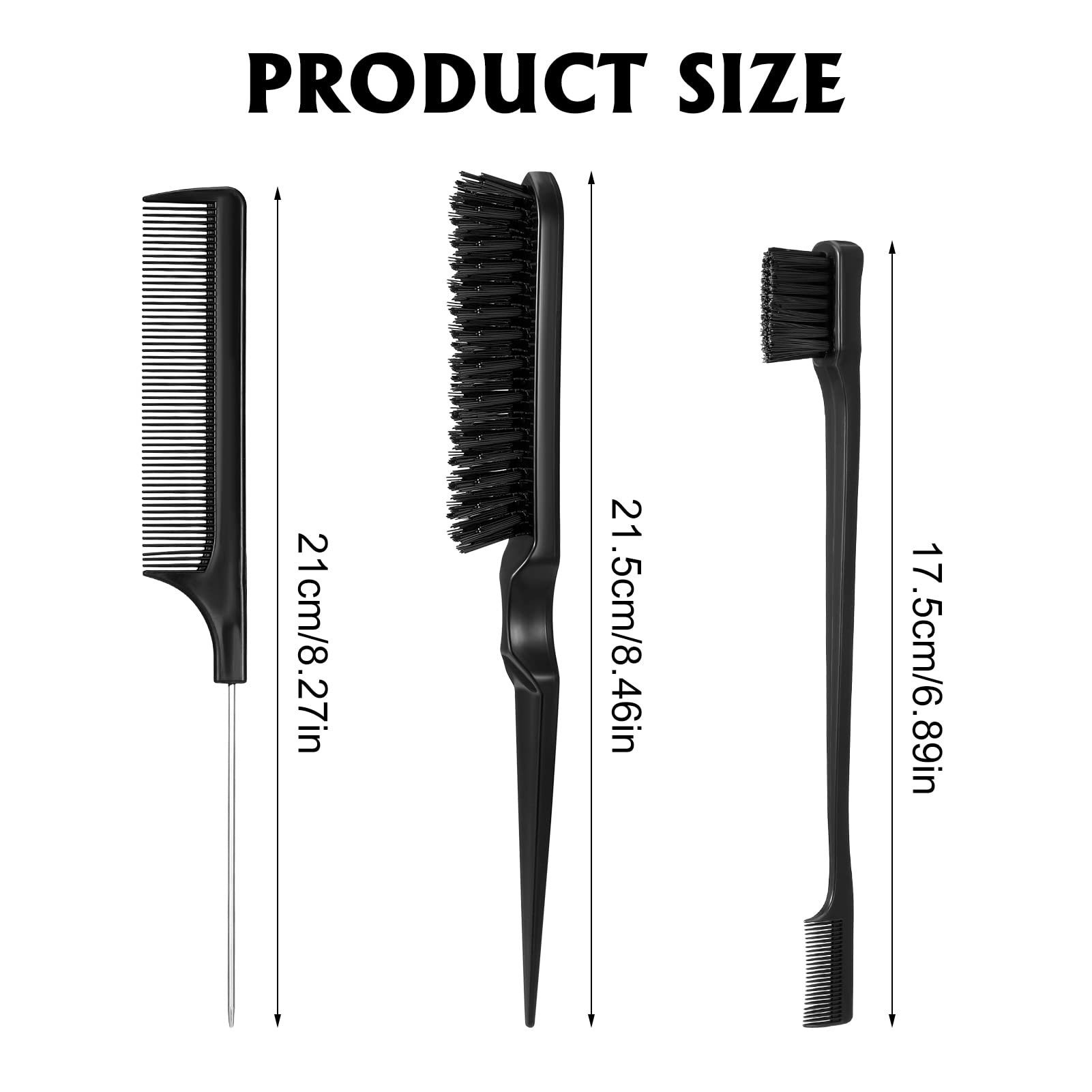 Dacitiery 3-Piece Slick Brush Set - Professional Hair Teasing & Edge Control Brushes, Grooming Combs, Rat Tail Comb & Double-Sided Edge Brush for Women, Babies & Kids (Black) - Perfect for Styling, Detangling & Smoothing Hair at Home or Salon