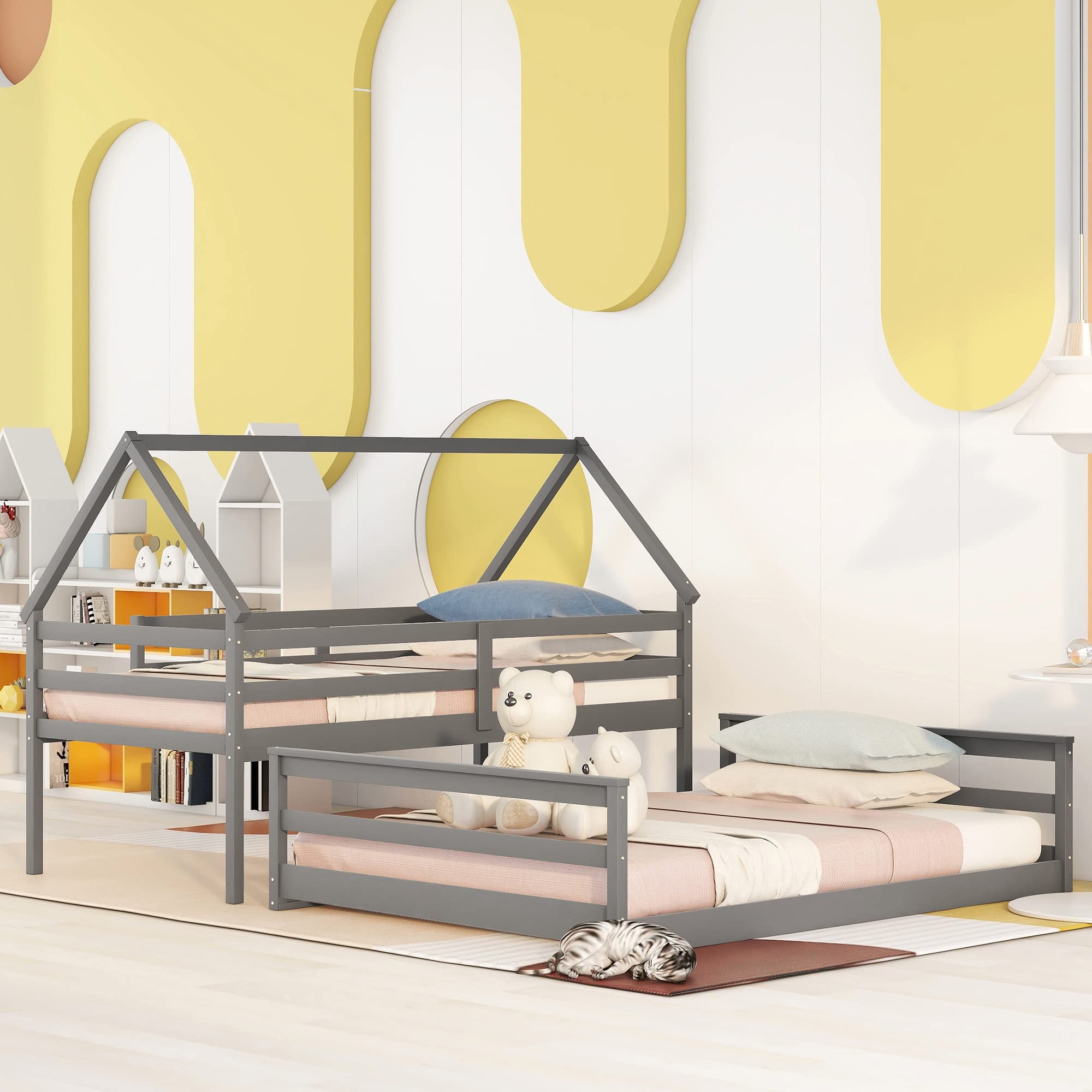 MERITLINE Twin Over Full Bunk Bed with Ladder & Safety Rail - Sturdy Wooden Kids Bunk Bed for Boys & Girls - Space-Saving Detachable Design for Growing Families (Grey) - Perfect for Small Bedrooms, Shared Kids Rooms & Vacation Homes