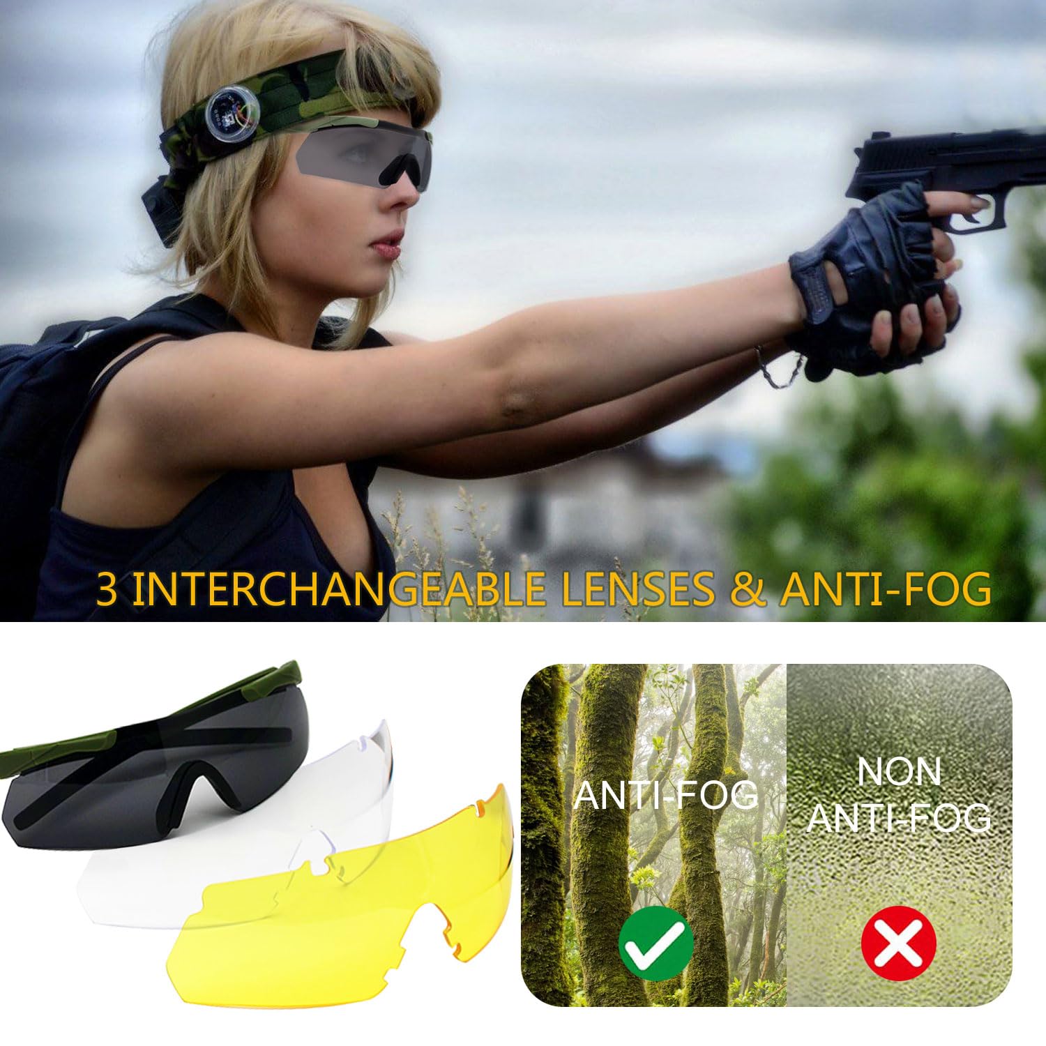 SPOSUNE Tactical Shooting Glasses - Anti-Fog, Impact Resistant with 3 Lenses for Men & Women - Perfect for Hunting & Range Shooting