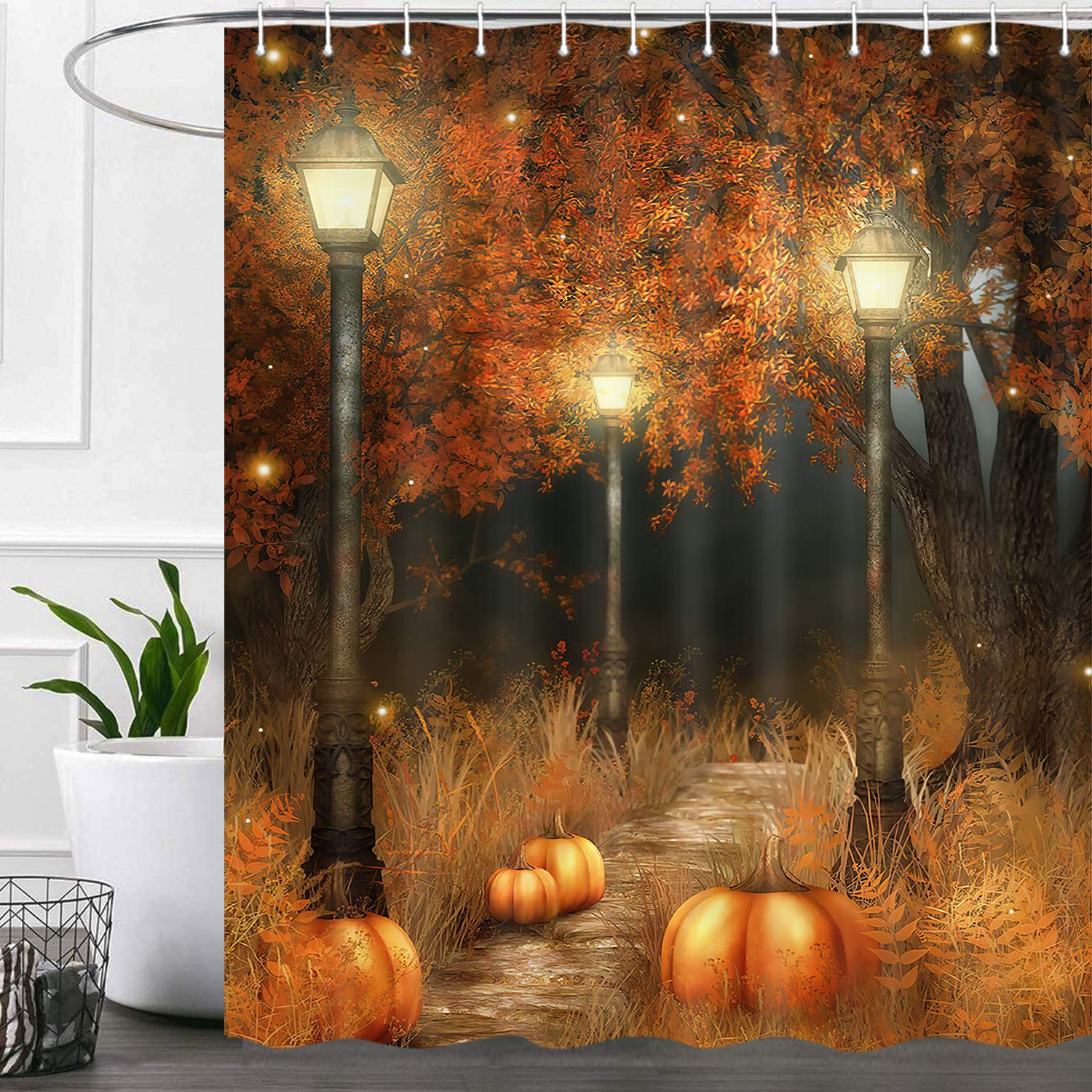 Thanksgiving Shower Curtain Set - Autumn Pumpkin Halloween Bathroom Decor with Brown Tree Design, 72x72 Inches Waterproof Fabric Shower Curtain Includes Hooks - Perfect for Fall Bathroom Decorations & Holiday Home Decor