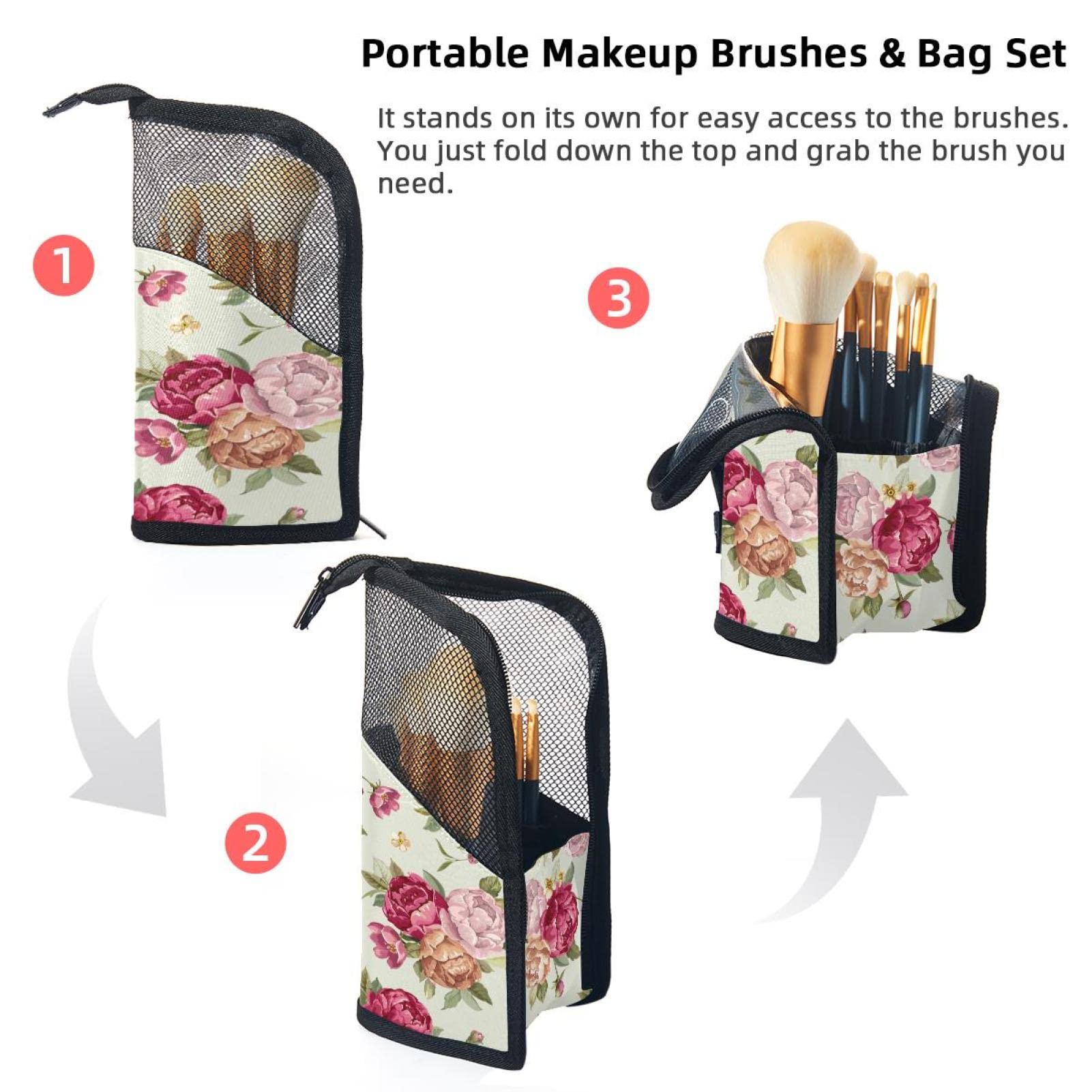 Floral Rose Makeup Brush Organizer Bag with 12 Brushes - Portable Waterproof Cosmetic Brush Holder Case for Travel, Home & Professional Makeup Artists