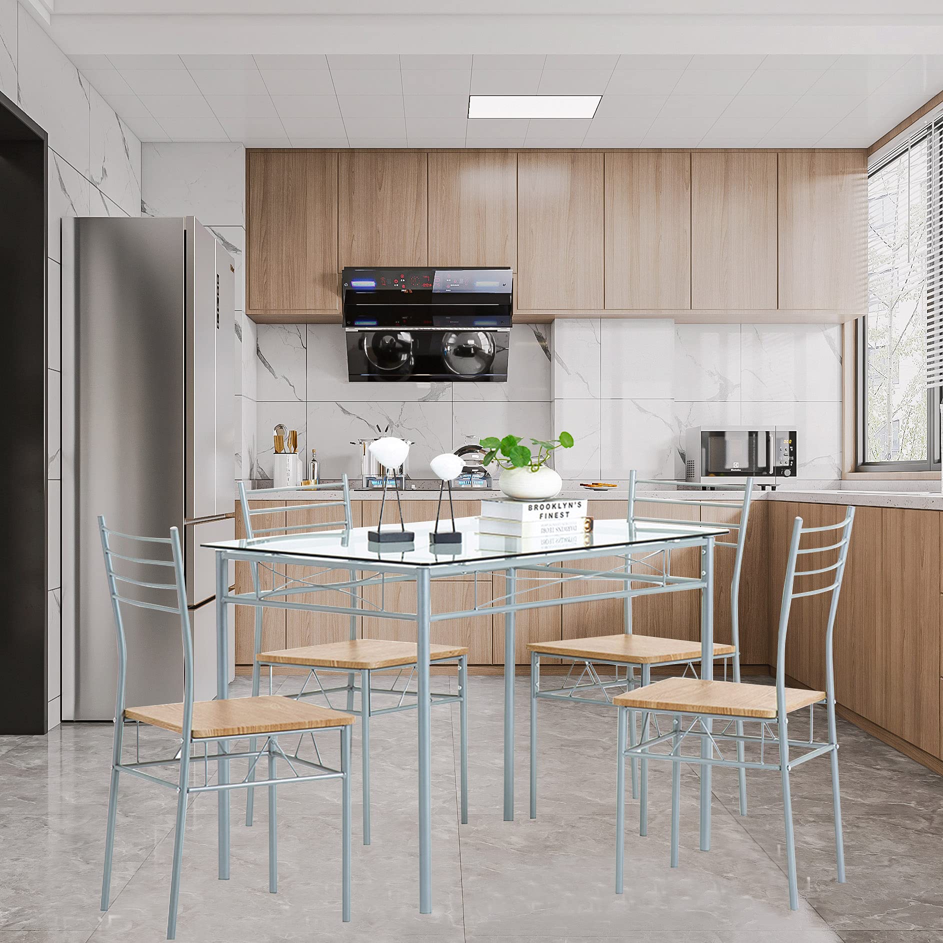 5-Piece Modern Dining Table Set with Tempered Glass Top & Chairs - Silver Kitchen Furniture for Home & Restaurant Use