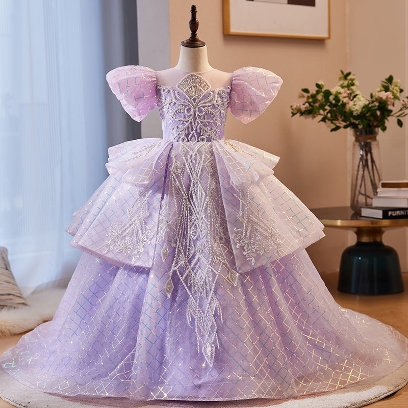 Enchanting Lilac Princess Flower Girl Dress with Sequins & Lace - Perfect for Weddings, Pageants & Special Occasions
