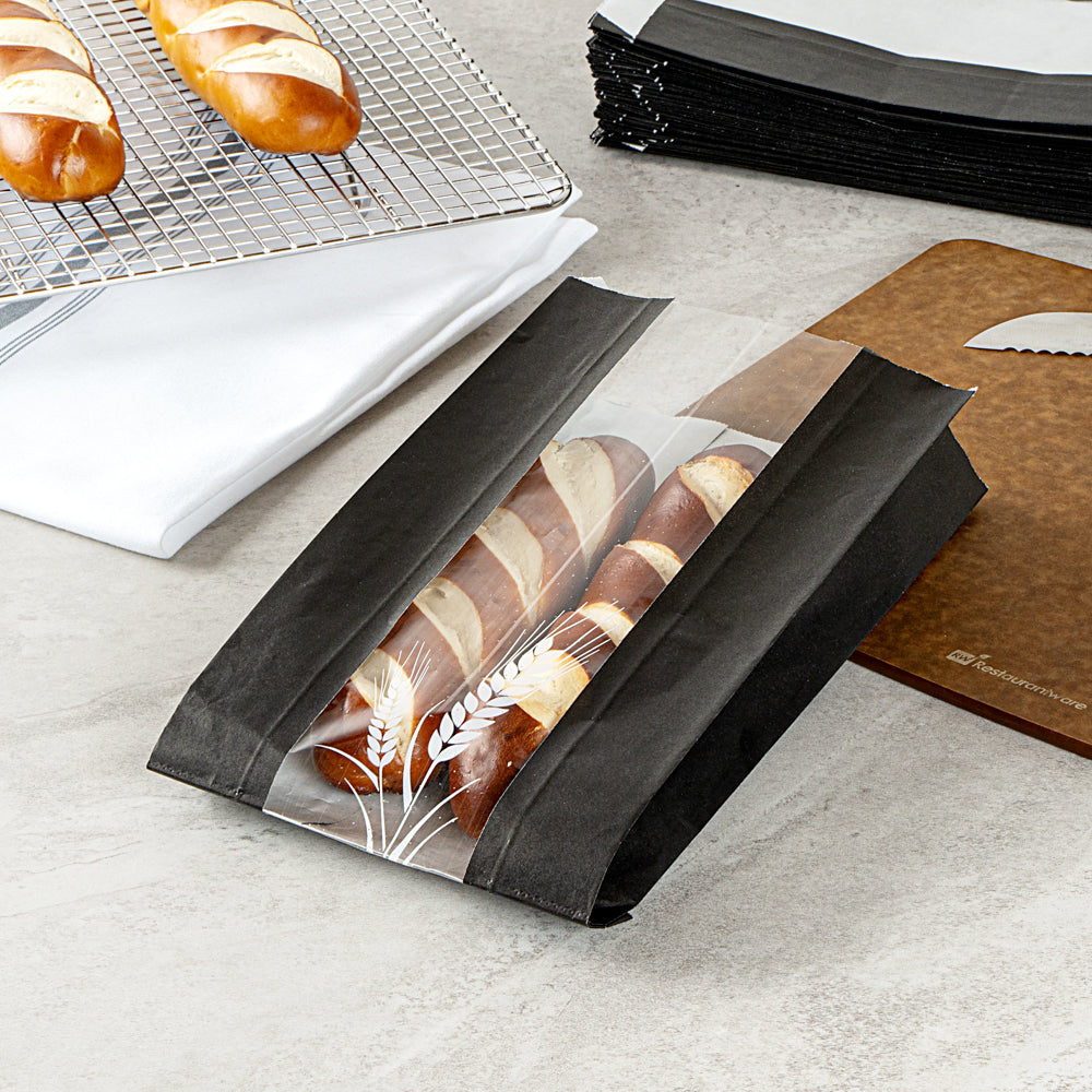Black Paper Bread Bags - Micro Perforated, Greaseproof, Wheat Pattern (5.75