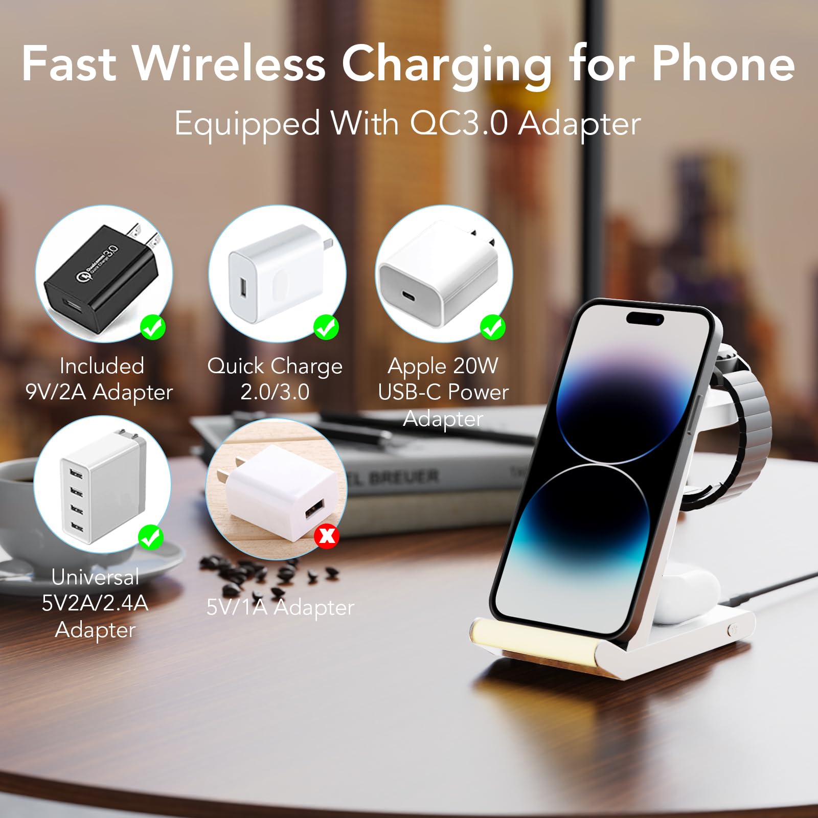 HATALKIN 3-in-1 Wireless Charging Station for Fossil Watch Gen 6/5/5E/4 - Compatible with iPhone 15/14/13/12/11, AirPods & Pixel/Galaxy - Fast Charging Stand for Bedside, Office & Travel