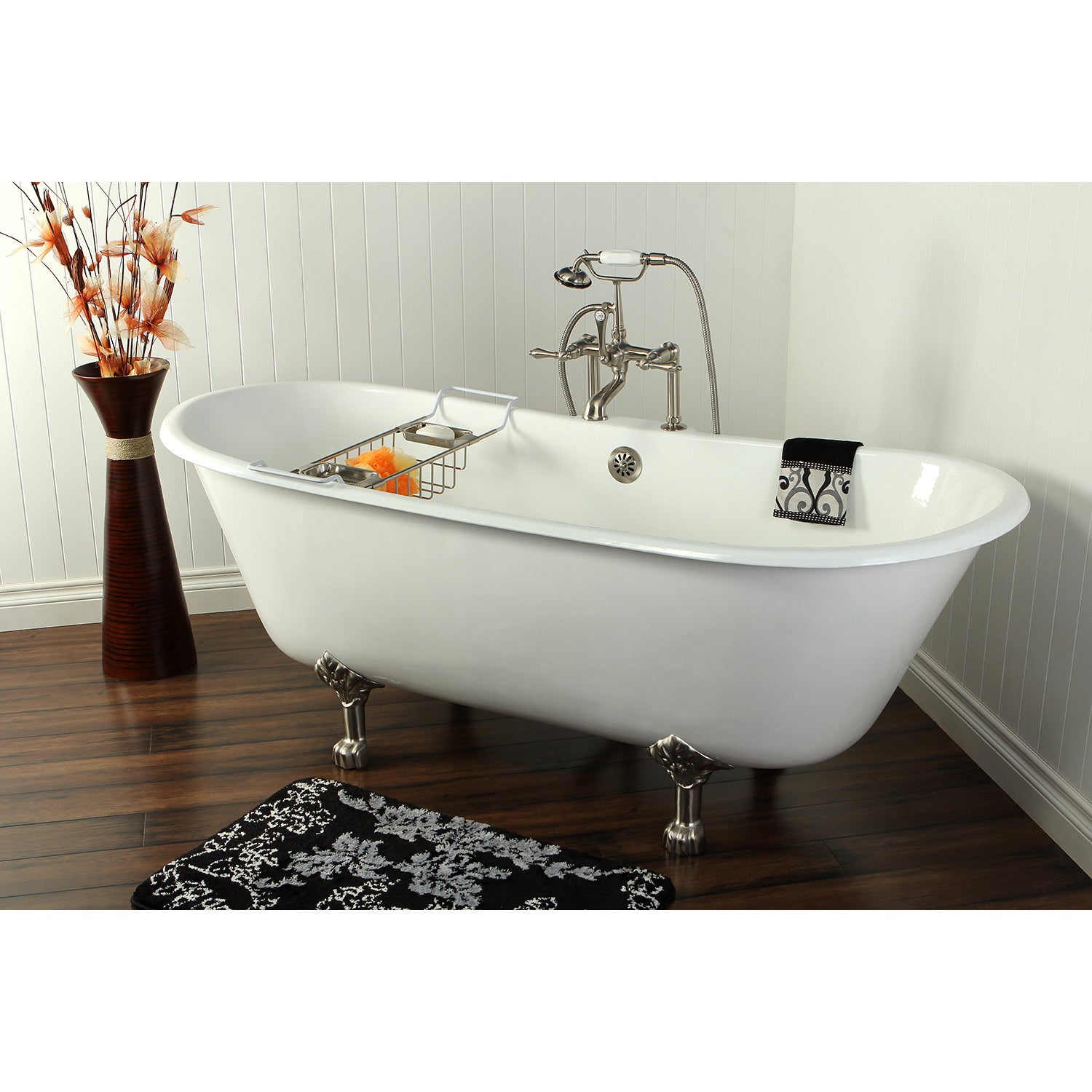 Aqua Eden 67 Inch White Cast Iron Oval Double Slipper Clawfoot Bathtub with Brushed Nickel Faucet - Vintage Freestanding Soaking Tub for Luxury Bathroom & Spa Retreat