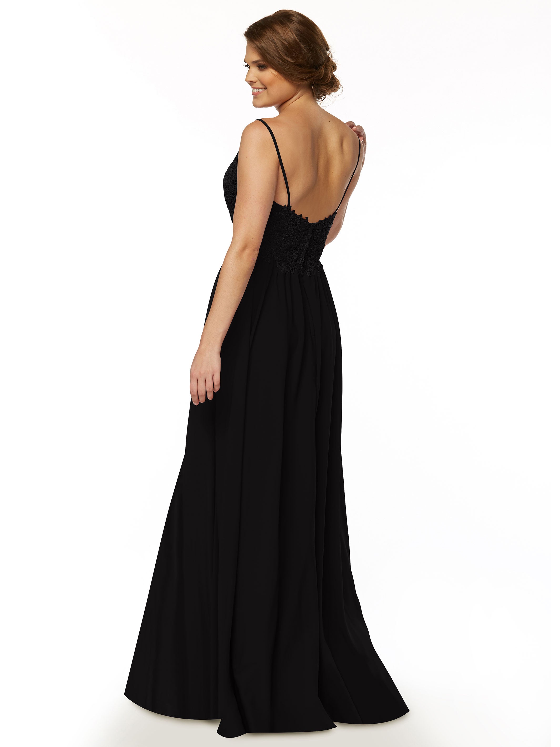 Elegant A-Line Stretch Chiffon Bridesmaid Dress with Lace Bodice & High Slit - Perfect for Weddings, Proms & Formal Events